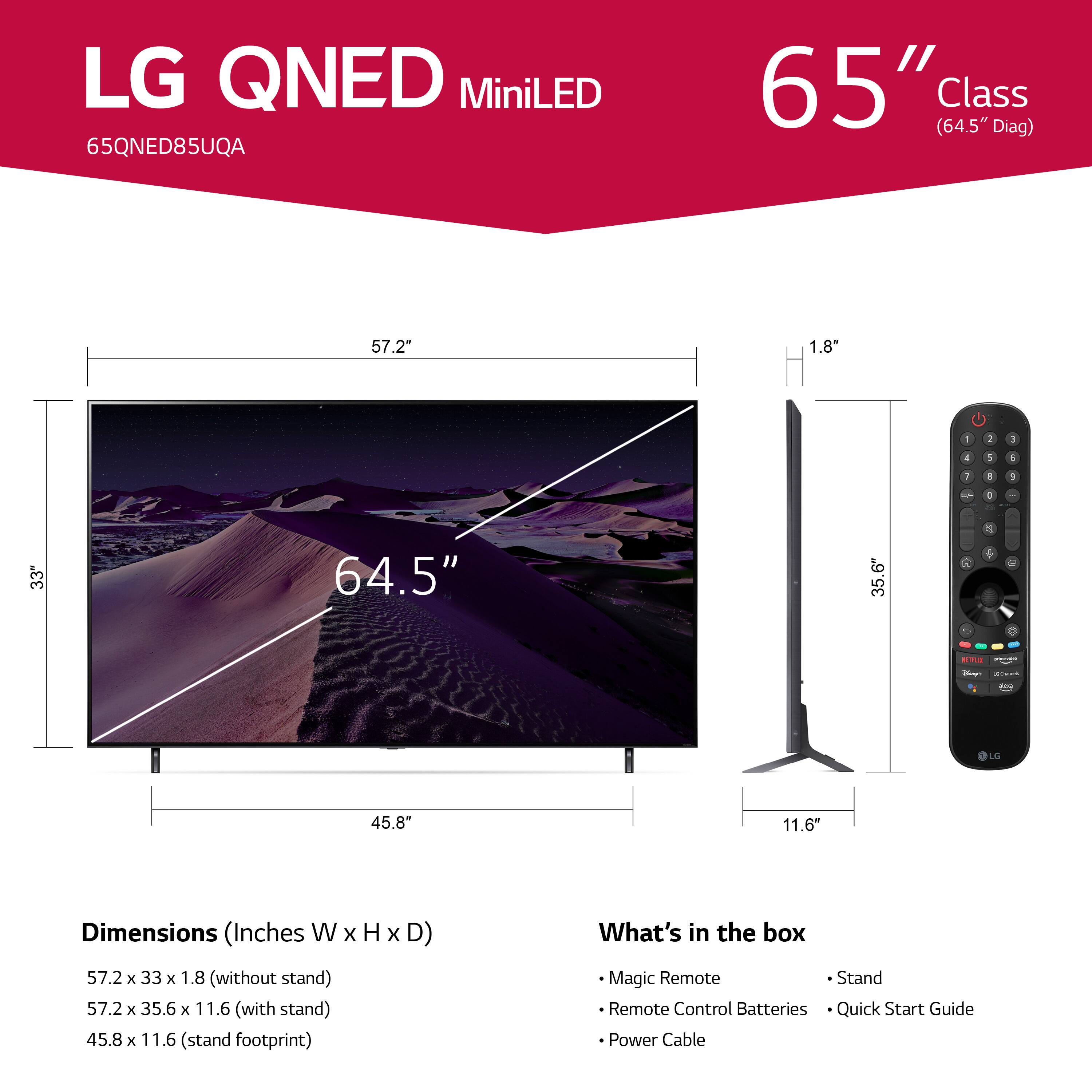 The image features a large LG QNED MiniLED television, which is a 65-inch model with a diagonal length of 64.5 inches. The dimensions of the television are 57.2 inches wide, 33 inches tall, and 1.8 inches deep. The television is designed to be wall-mounted or placed on a stand, with the stand footprint measuring 57.2 x 35.6 x 11.6 inches. The television comes with a magic remote, a stand, a remote control, batteries, and a quick start guide. The power cable is also included in the box.