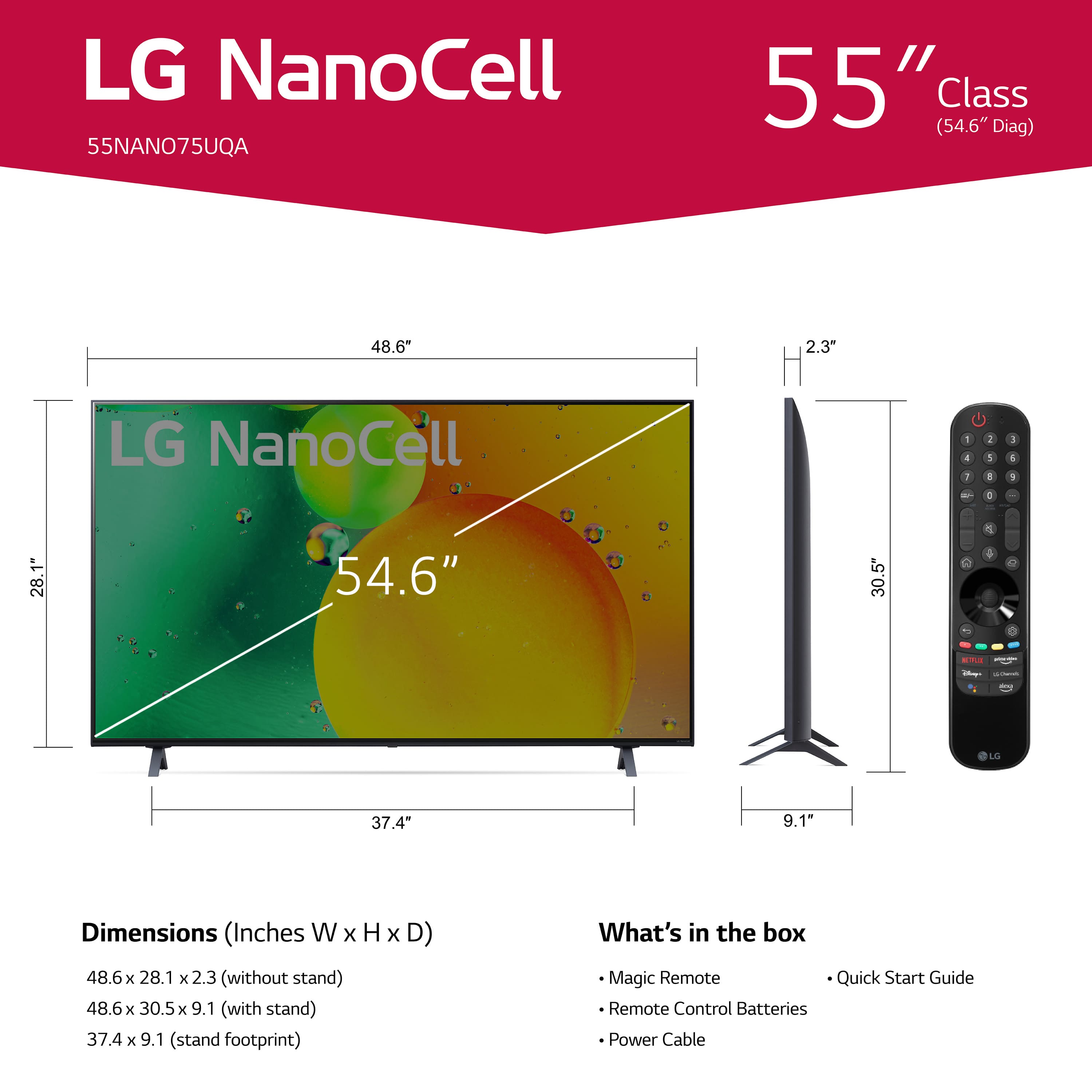 The image features a 55-inch LG NanoCell television, which is a 4K UHD smart TV. It is designed with a 1:1 aspect ratio, providing an immersive viewing experience. The television is accompanied by a remote control and a quick start guide. The dimensions of the television are 48.6 inches in width, 28.1 inches in height, and 2.3 inches in depth (without stand). When using the stand, the dimensions become 48.6 inches in width, 30.5 inches in height, and 9.1 inches in depth. The television is also equipped with a magic remote, which offers a seamless and intuitive control experience.