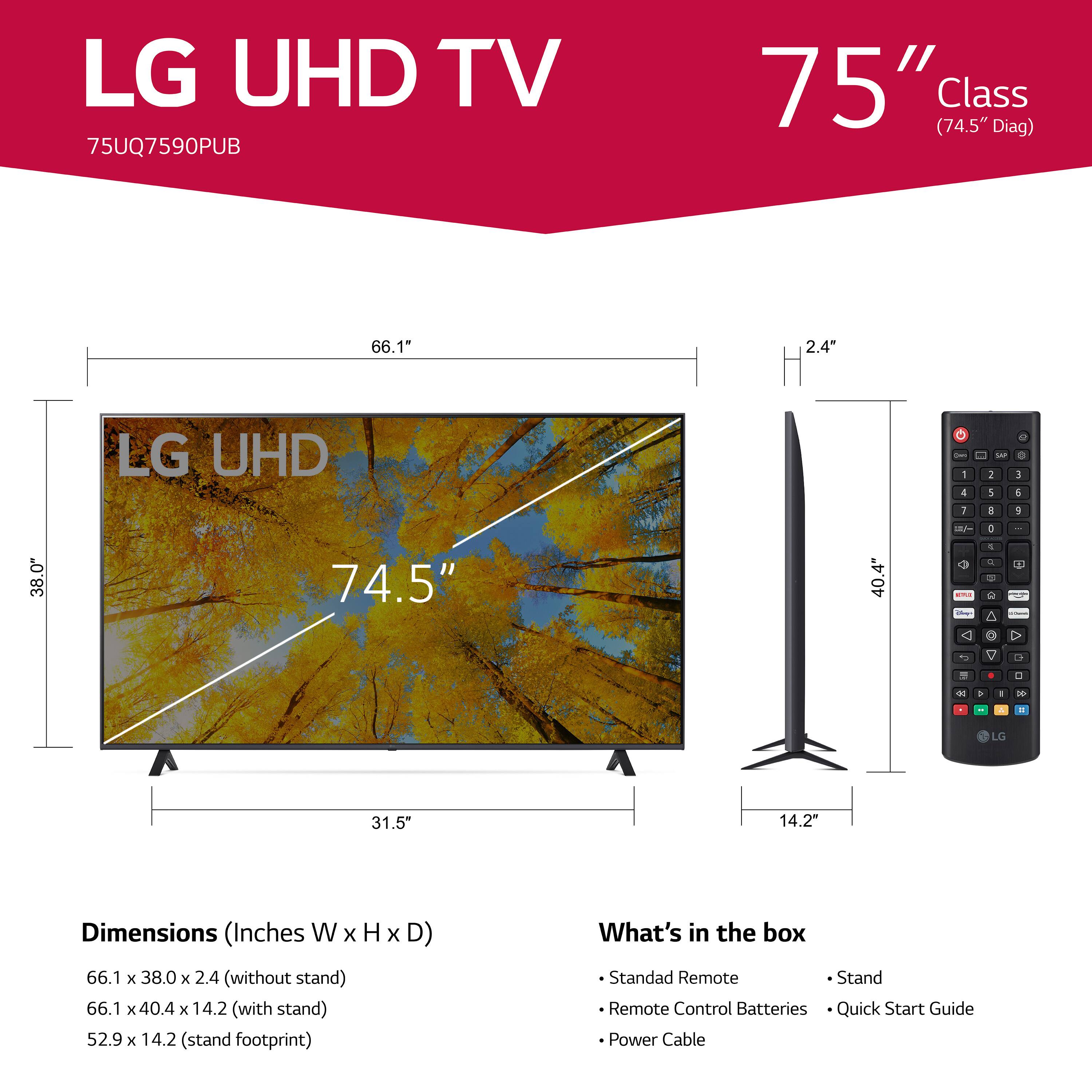 The image features a 75-inch LG UHD TV, which is the largest TV in the scene. The TV is placed on a stand, and the dimensions of the TV are 66.1 inches in width, 38.0 inches in height, and 2.4 inches in depth. The TV is accompanied by a remote control and batteries, which are placed next to it. The image also shows a diagram of the TV, highlighting its dimensions and stand compatibility.