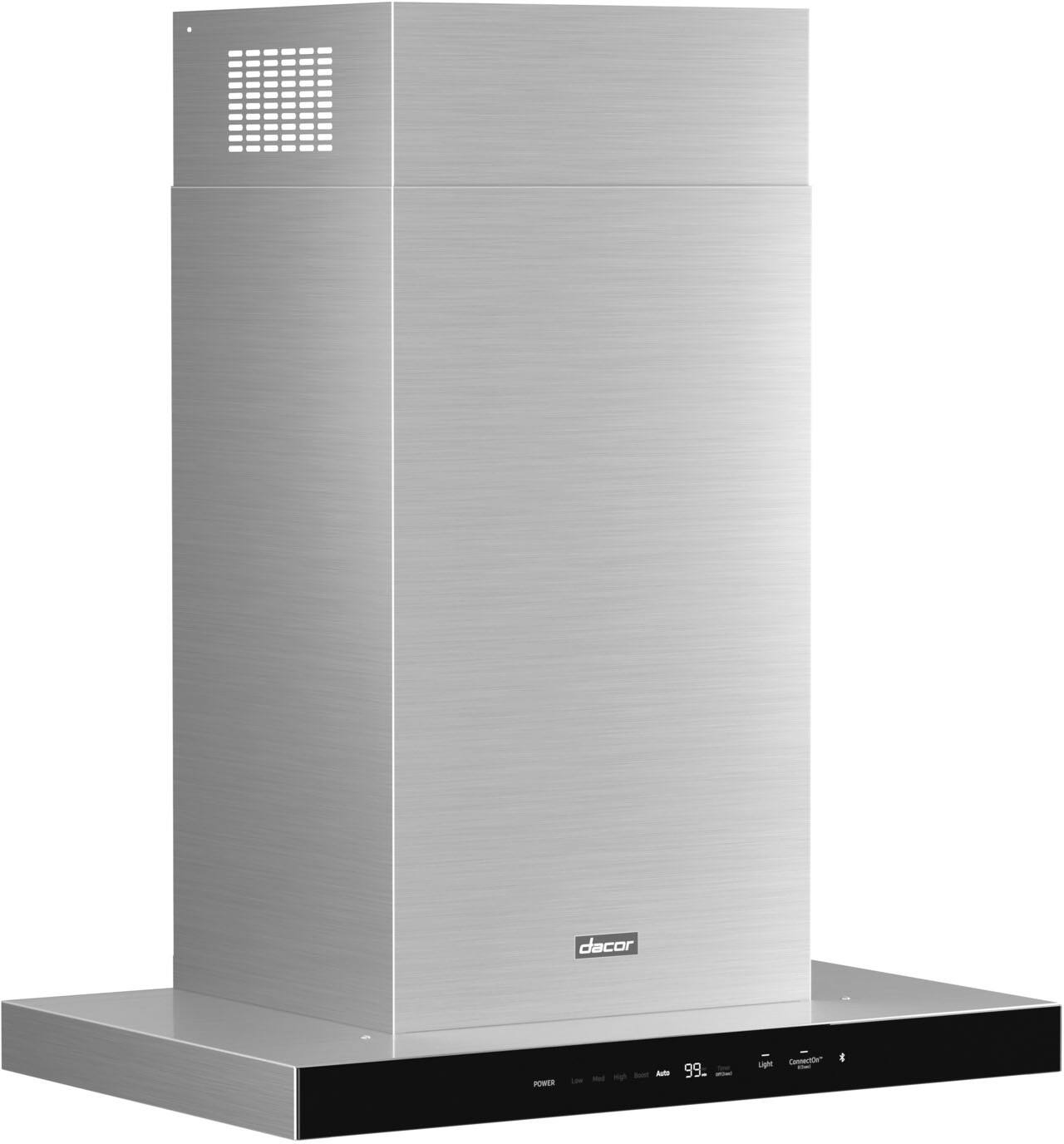 Angle. Dacor - 30" Externally Vented Chimney Range Hood with AutoConnect™ - Silver Stainless Steel.
