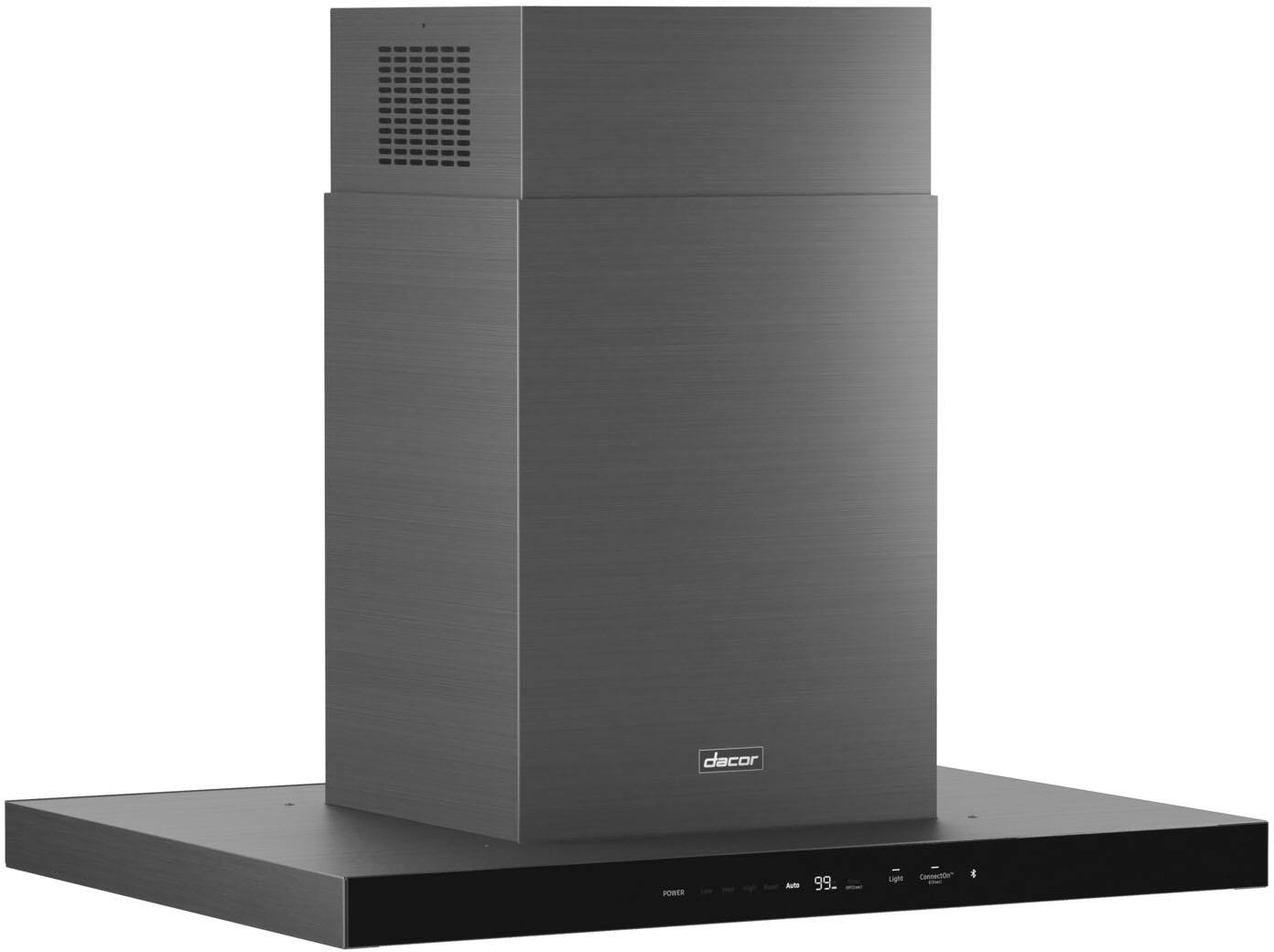 Angle. Dacor - 36" Externally Vented Island Range Hood with AutoConnect - Graphite Steel.