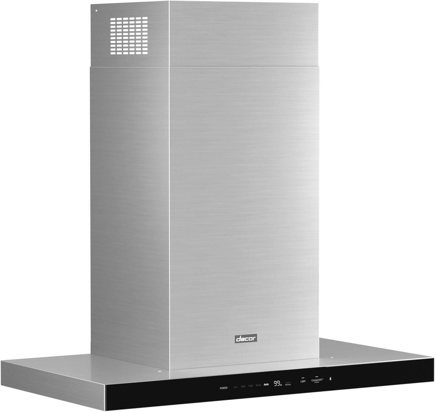 Angle. Dacor - 36" Externally Vented Chimney Range Hood with AutoConnect™ - Silver Stainless Steel.