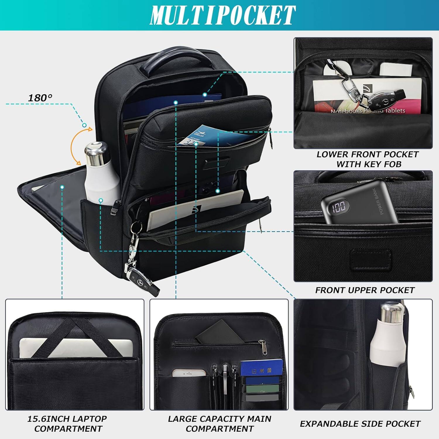 MULTIPOCKET

- 180°
- Notebooks and tablets
- LOWER FRONT POCKET WITH KEY FOB
- FRONT UPPER POCKET
- 15.6INCH LAPTOP COMPARTMENT
- LARGE CAPACITY MAIN COMPARTMENT
- EXPANDABLE SIDE POCKET