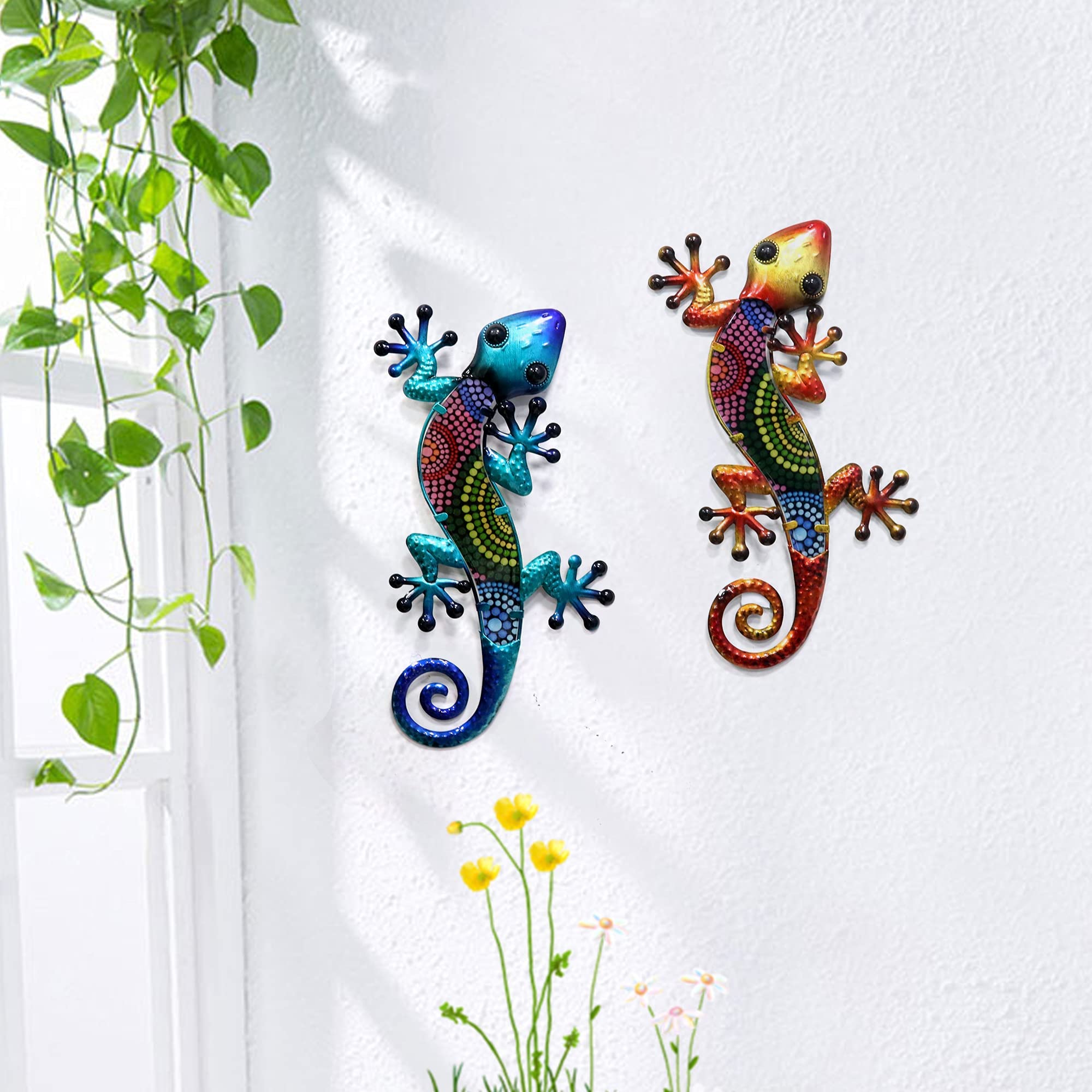 Alt View 3. Fabibe - Metal Gecko Wall Art 2 Pack 15 Inch Lizard Outdoor Decor Hanging Glass Sculpture Decoration For Garden Fence Home - Green&blue.