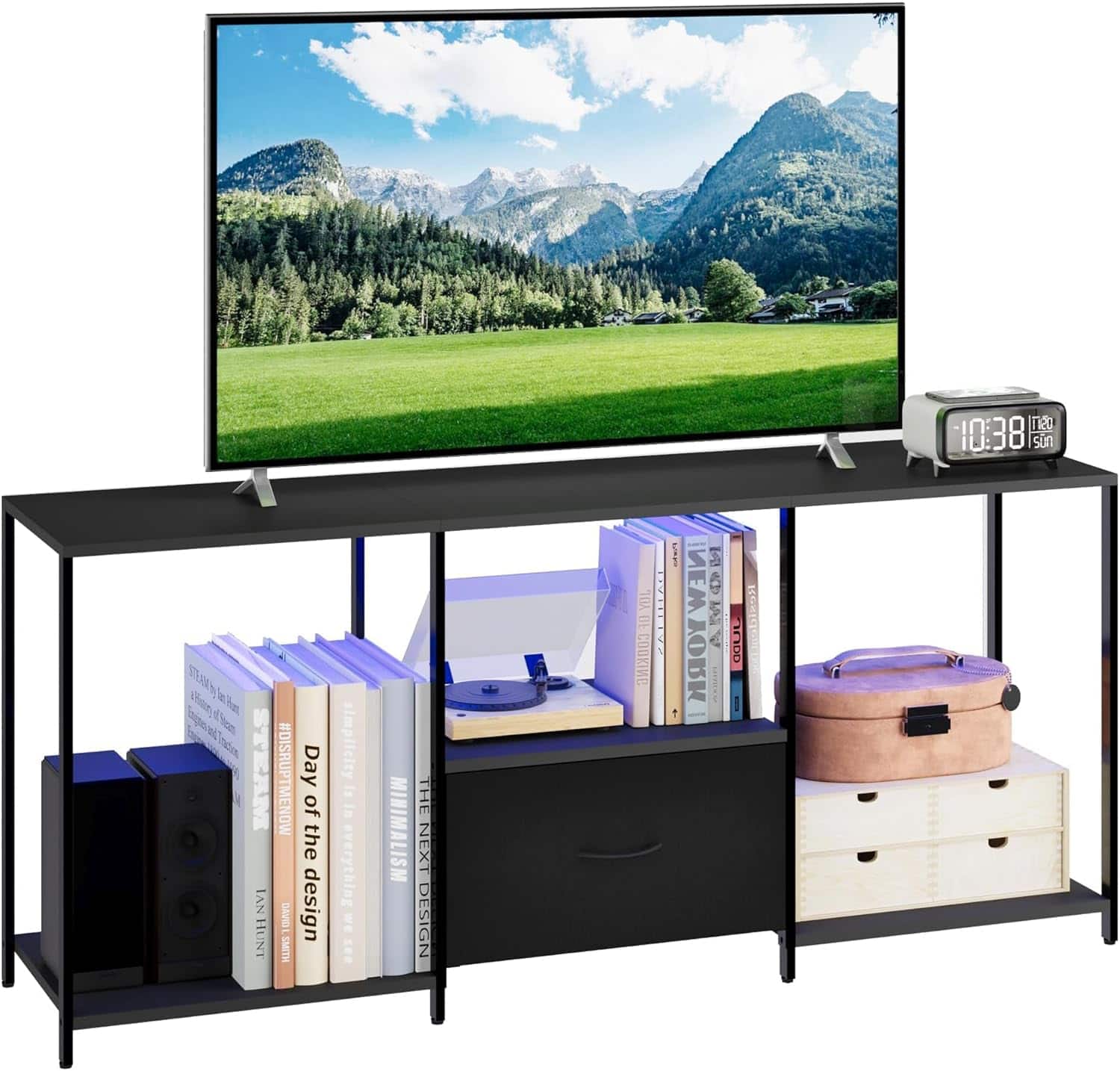 Babevy - TV Stand for TVs up to 55", Entertainment Center with Open Shelves and Fabric Drawer for Living Room - Black