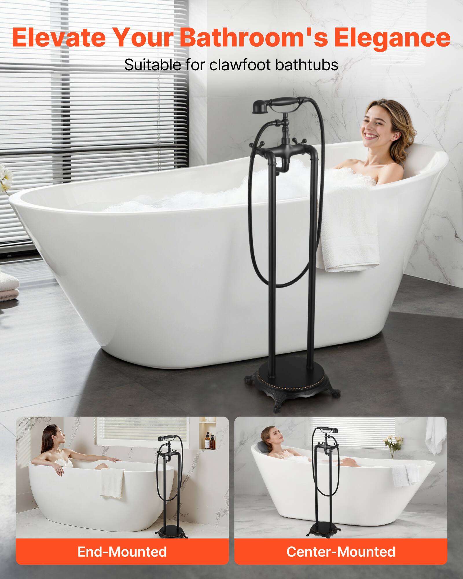 Elevate Your Bathroom's Elegance  
Suitable for clawfoot bathtubs  

End-Mounted  
Center-Mounted