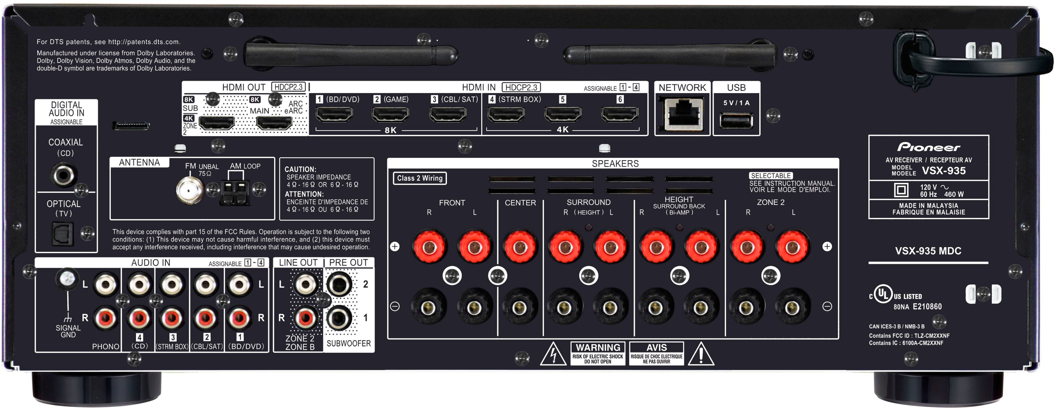 Back View: Pioneer - VSX-935 7.2-Channel Network AV Receiver - Black