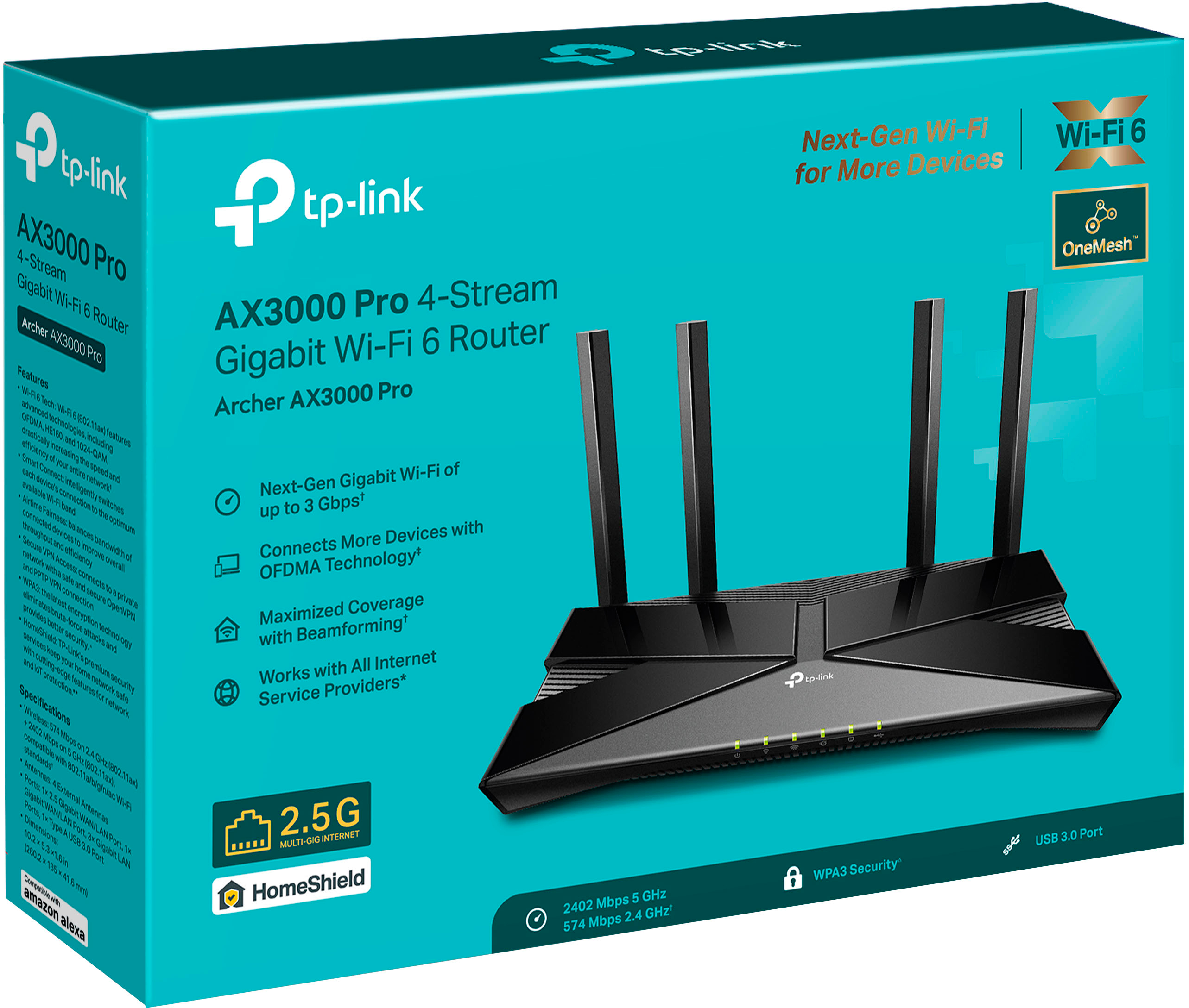 TP-Link Routeur WiFi 6 AX 3000 Mbps bi-bande, 5 ports Gigabit USB 3.0, 4  antennes à haute performance, OneMesh, WPA3, Contrôle parental, Antivirus  intégré, (Archer AX55) : : Informatique