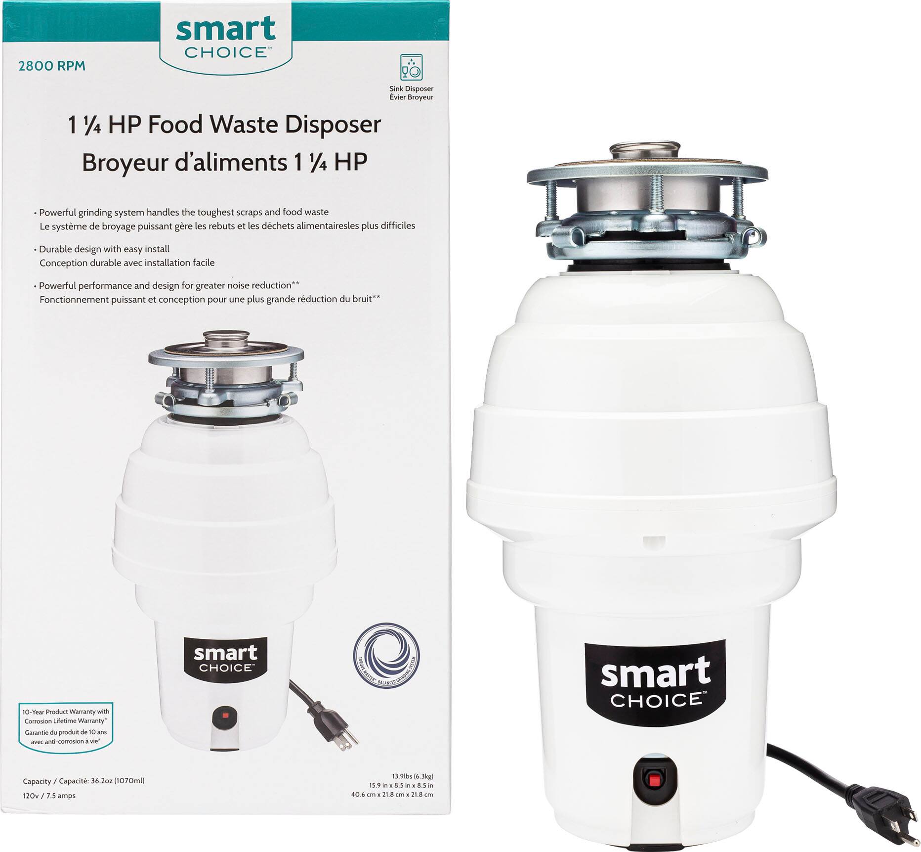 Left. Smart Choice - Smart Choice 1.25HP Corded Garbage Disposal - White.