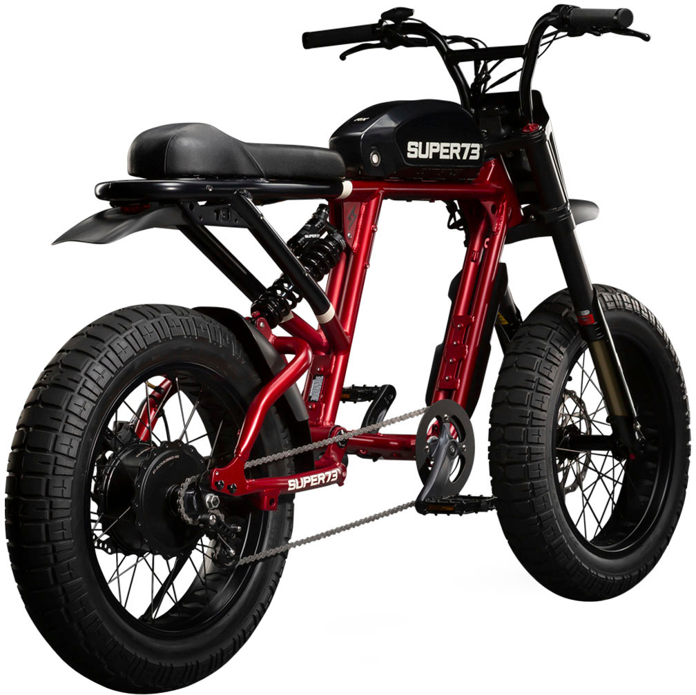 Left View: Super73 - RX Electric Motorbike w/ 75+ mile max operating range & 28+ mph max speed - Carmine Red