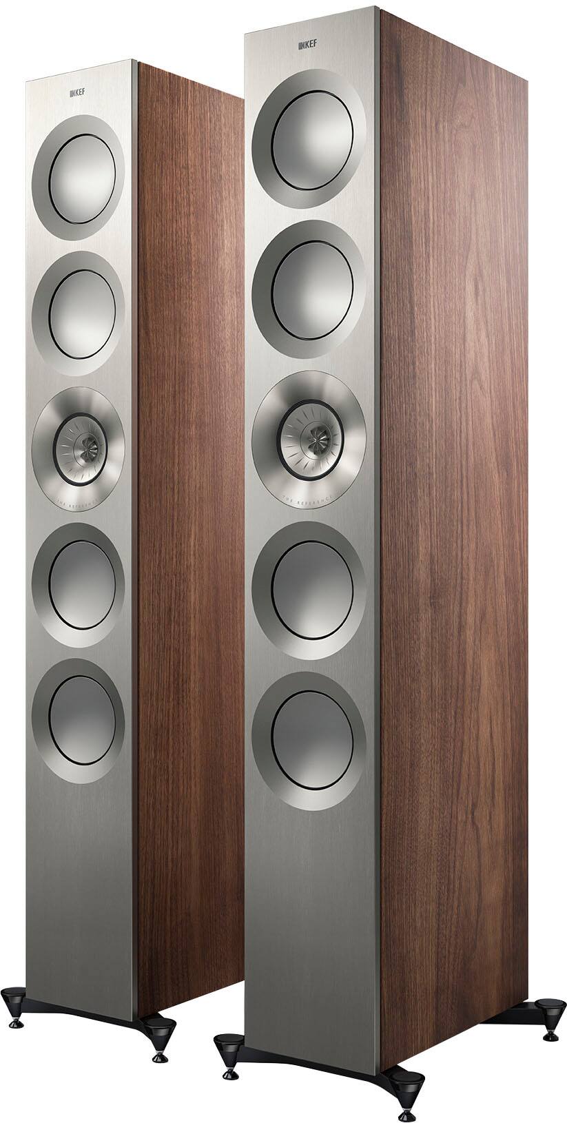 Angle. KEF - KEF REFERENCE FIVE META FLOORSTANDING SPEAKER (Each) - SATIN WALNUT SILVER.