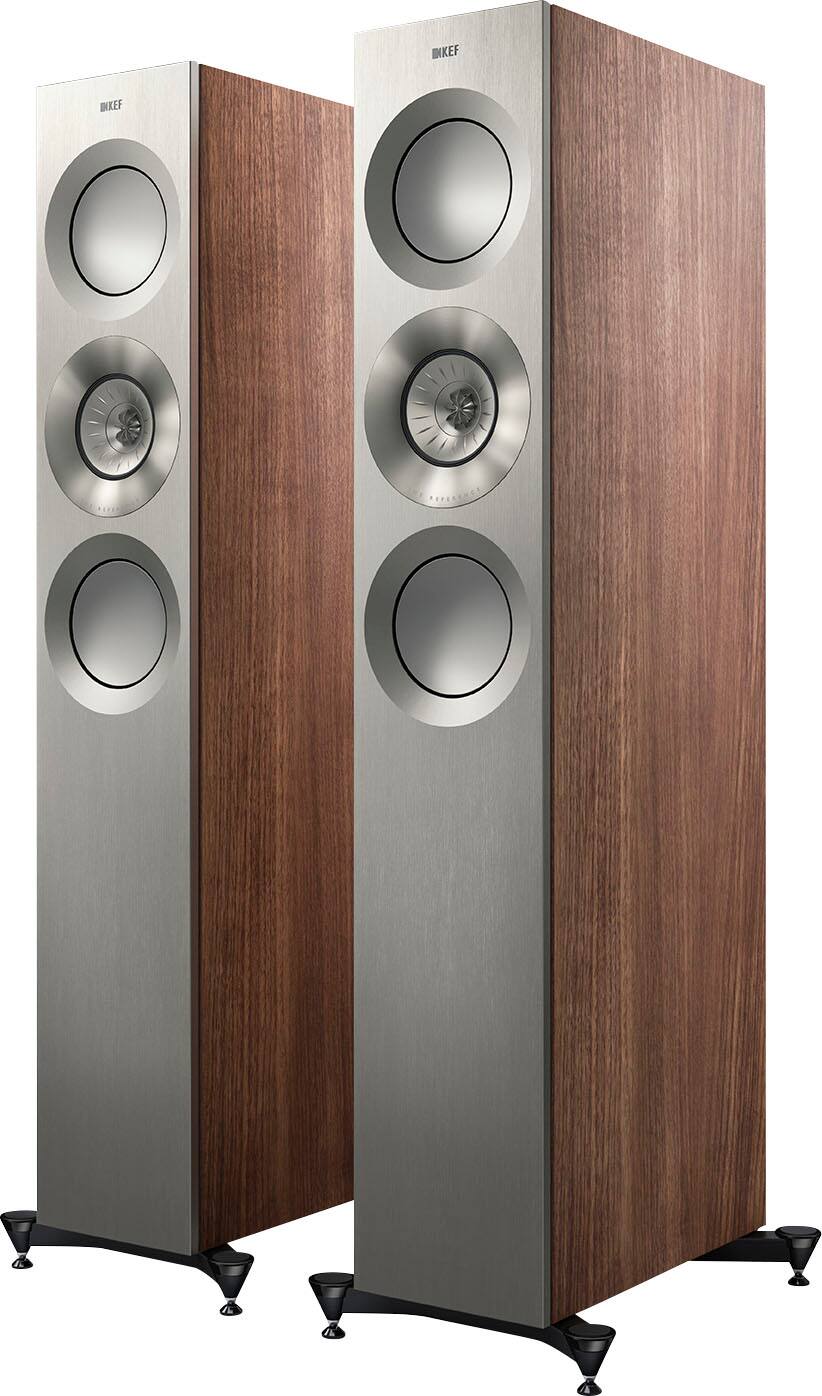 Angle. KEF - KEF REFERENCE THREE META FLOORSTANDING SPEAKER (Each) - SATIN WALNUT SILVER.