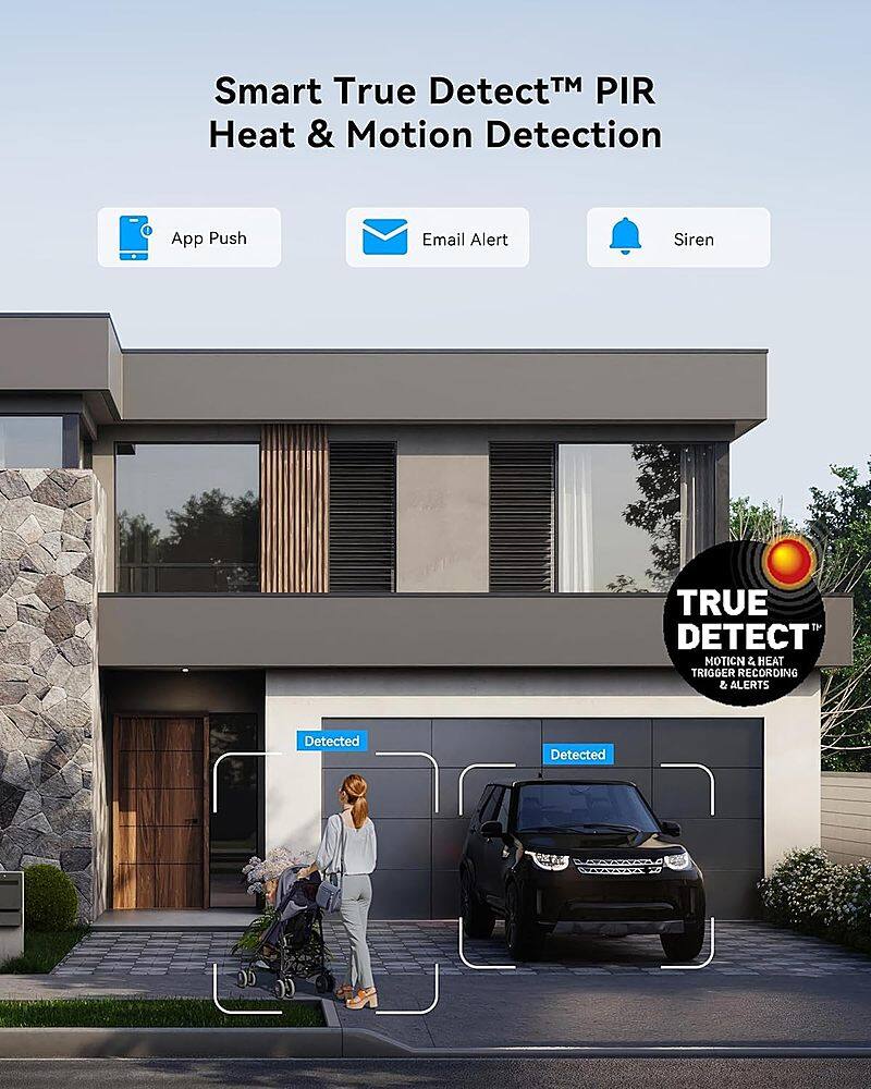 Smart True Detect TM PIR Heat & Motion Detection App Push Email Alert Siren TRUE DETECT MOTION & HEAT TRIGGER RECORDING & ALERTS Detected Detected