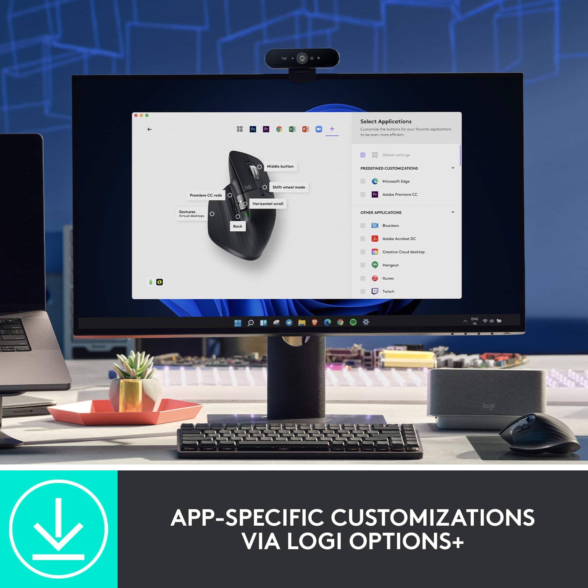 App-specific customizations via Logi options.