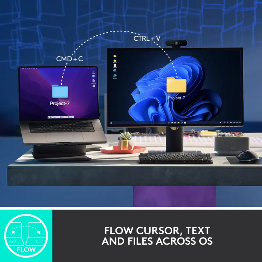The text on the image is grouped and corrected as follows:

CTRL + V CMD + C - |  Project-7 Project-7 OUNT  a . . . - . . . . -  - DREMO . . . a FLOW CURSOR, TEXT AND FILES ACROSS OS