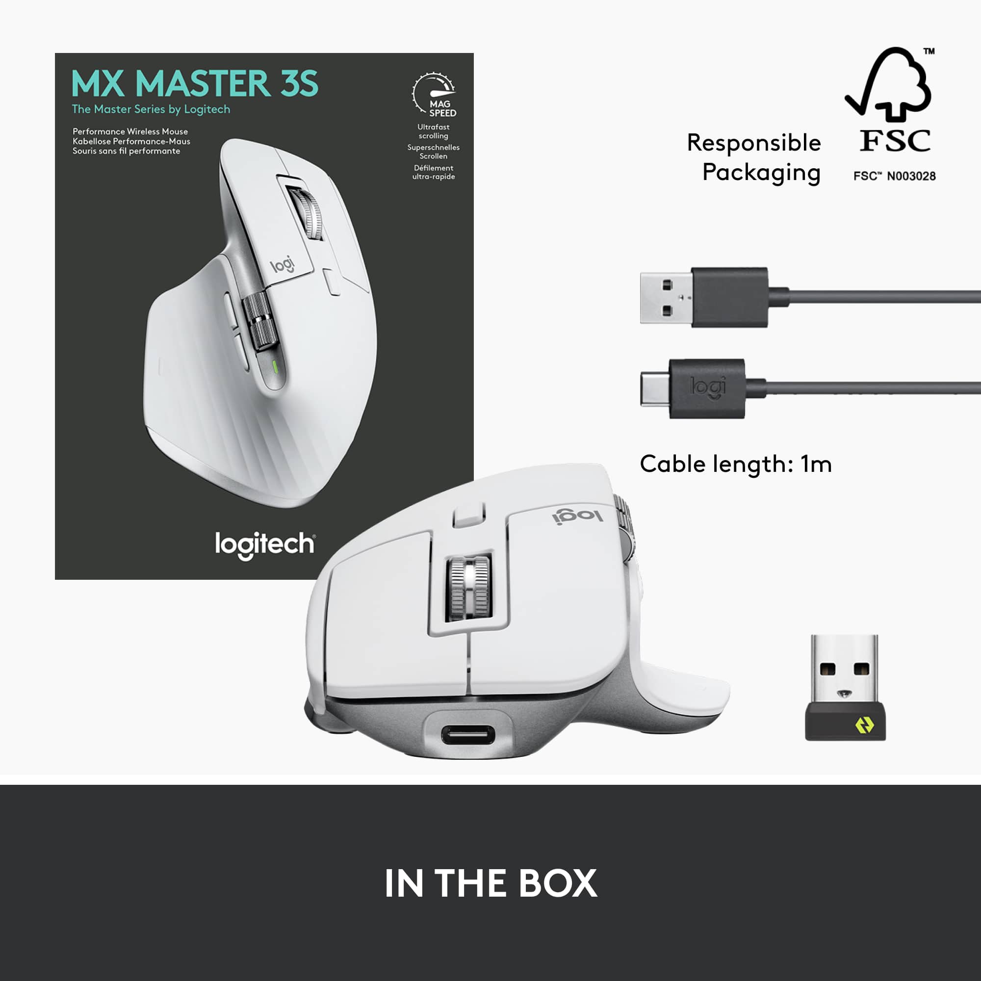 MX Master 3S is a wireless mouse by Logitech, designed for performance and precision. It features a USB-C receiver, MagSpeed scrolling, and a 1m cable length. The packaging is made from responsible FSC materials. The mouse is white and comes with a USB-C cable.