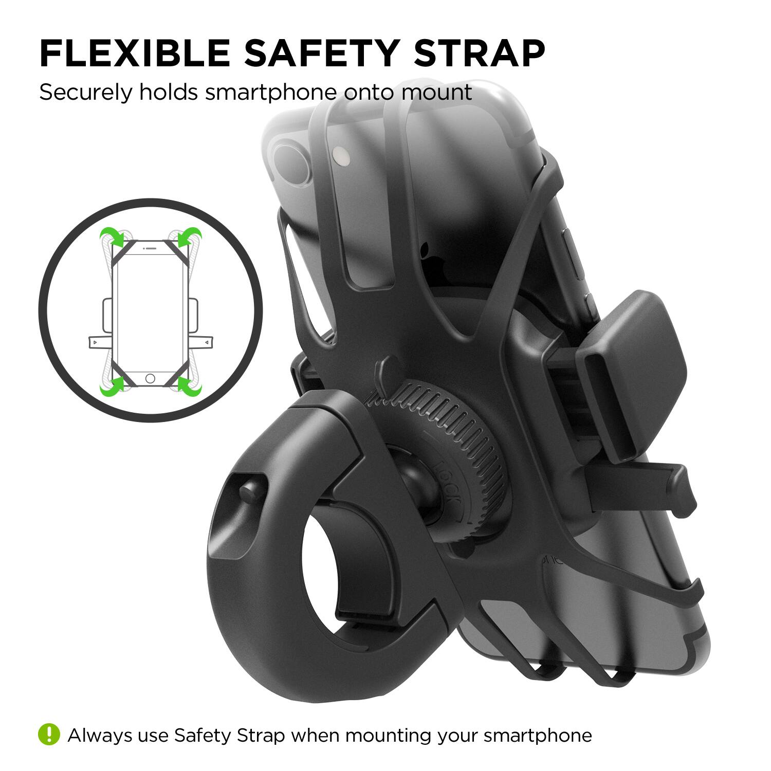 The image features a flexible safety strap that securely holds a smartphone onto a mount. The strap is designed to provide a safe and stable attachment for the phone while it is mounted on a surface, such as a car dashboard or a bike handlebar. The strap is adjustable and can be easily attached to the phone and the mount, ensuring that the phone remains in place and does not accidentally fall or get damaged. It is recommended to always use the safety strap when mounting a smartphone to ensure its safety and prevent any accidents.