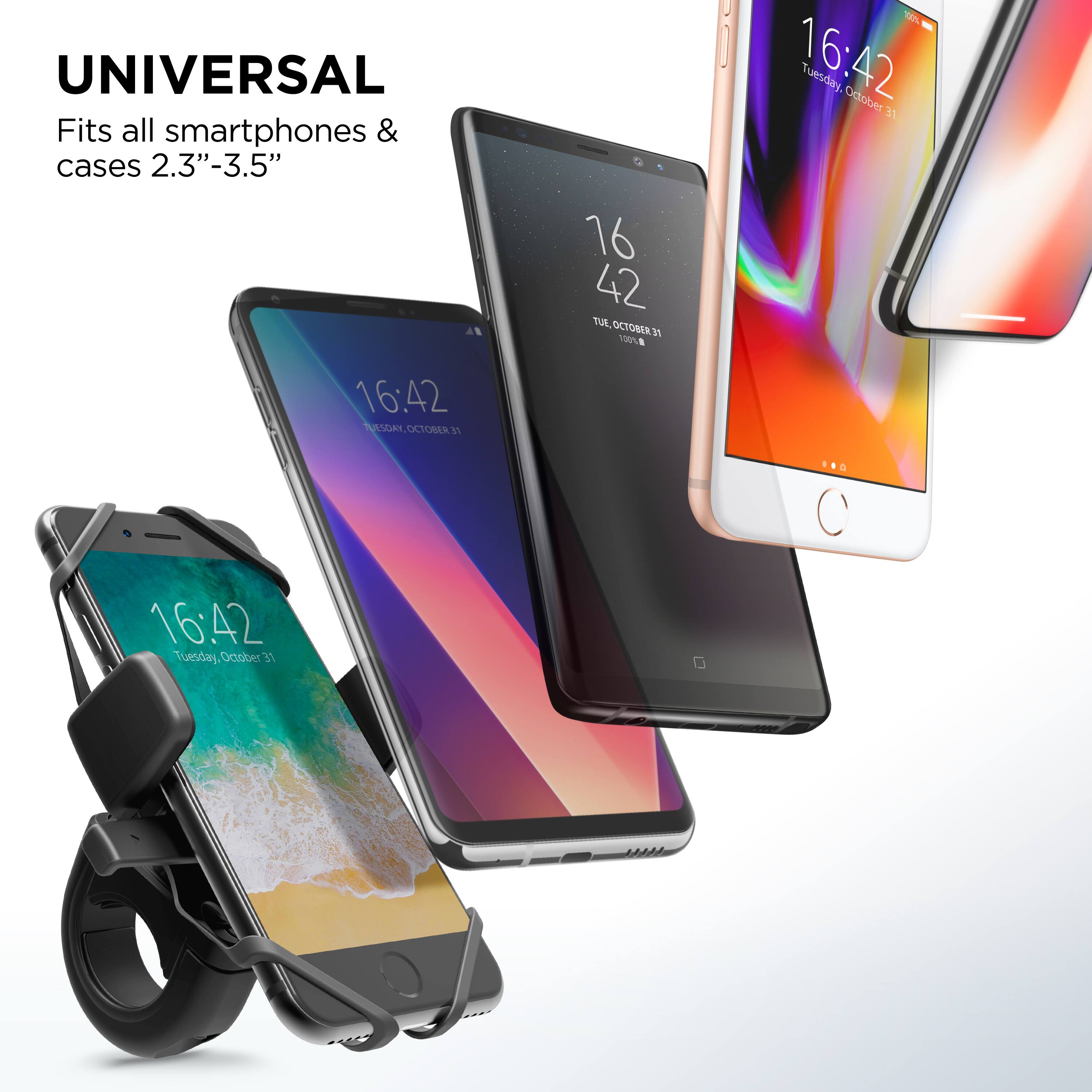The image features four smartphones placed in a stand, showcasing their sizes and designs. The largest text in the image reads "UNIVERSAL," indicating that the stand is compatible with a wide range of smartphones and cases. The stand is designed to fit smartphones with screen sizes between 2.3" and 3.5". The image also shows the date of Tuesday, October 31, 16:42, which might be related to the product's release or availability.