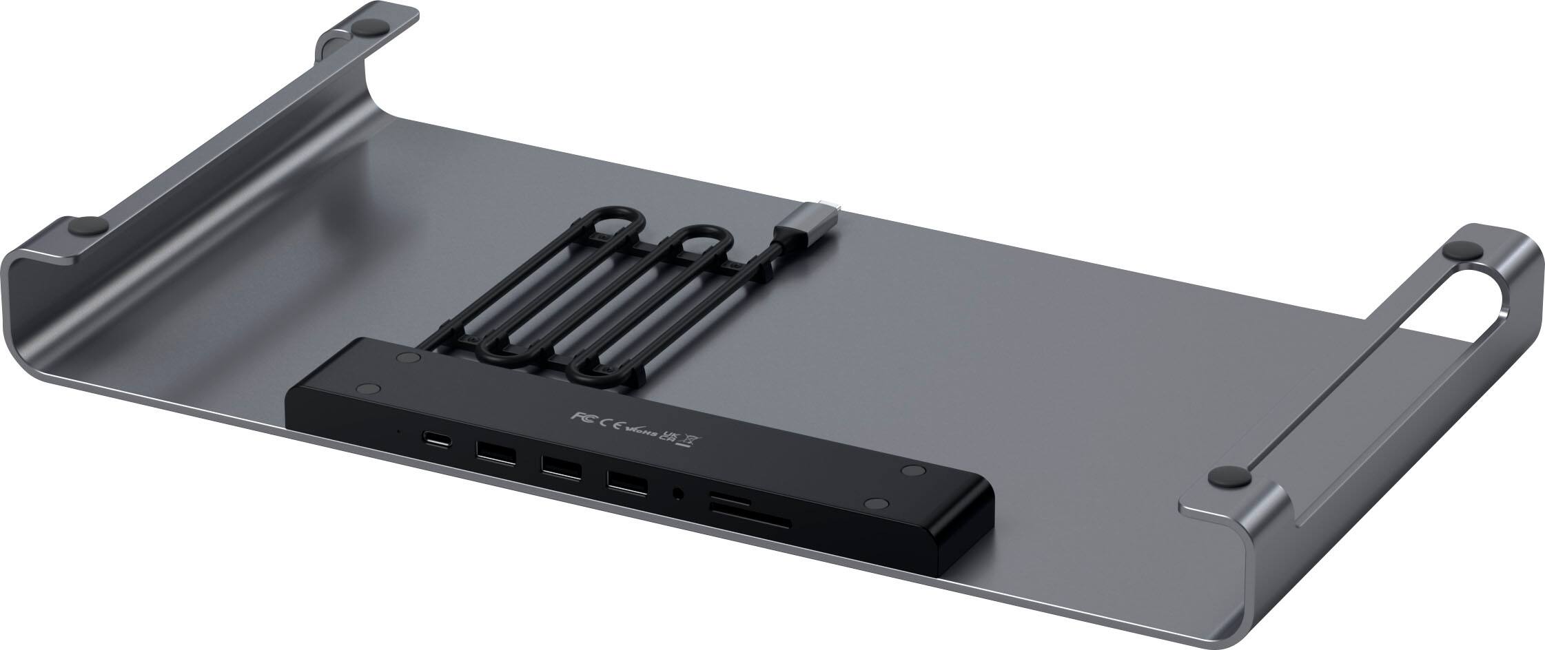 Left. Satechi - USB-C Monitor Stand Hub XL w/1 USB-C, 3 USB 3.0, SD/ MicroSD ports, and 3.5mm audio for iMac, MacBook, Windows laptops - Space Gray.