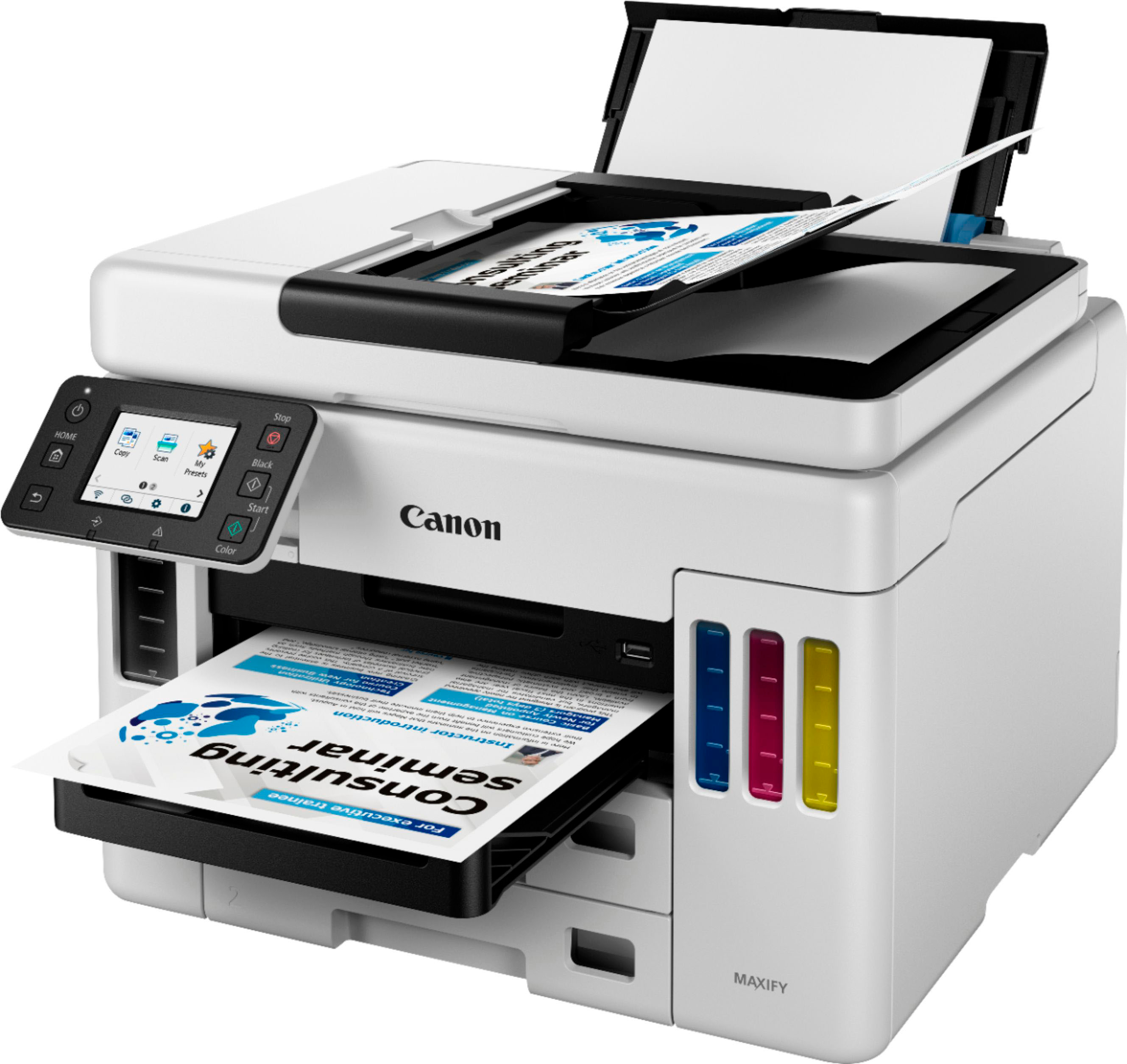 Left View: Canon - MAXIFY MegaTank GX7021 Wireless All-In-One Inkjet Printer with Fax - White