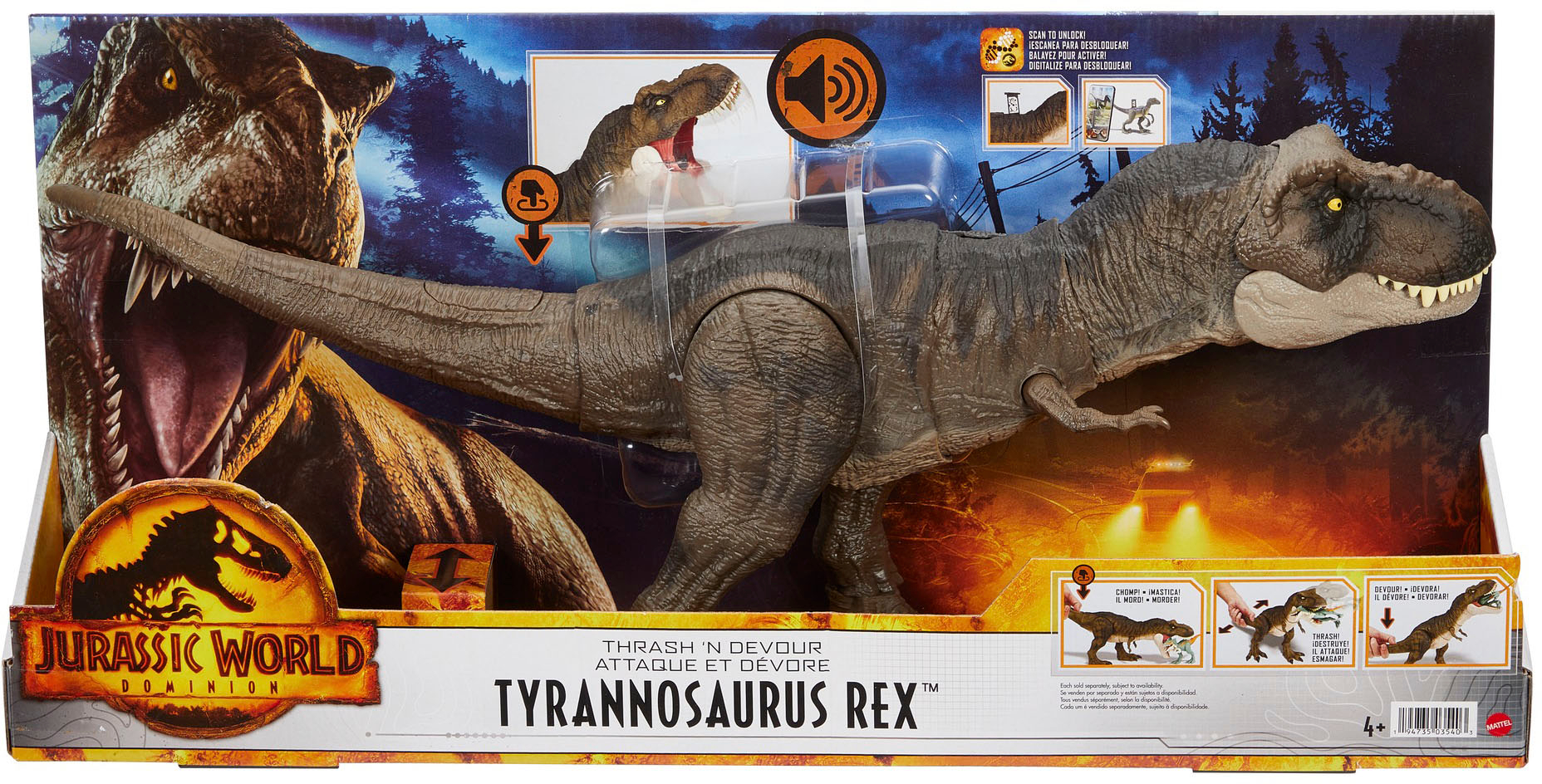 Angle View: Jurassic World Dominion Tyrannosaurus Rex Dinosaur Toy, Thrash N Devour Sound, Chomp Action