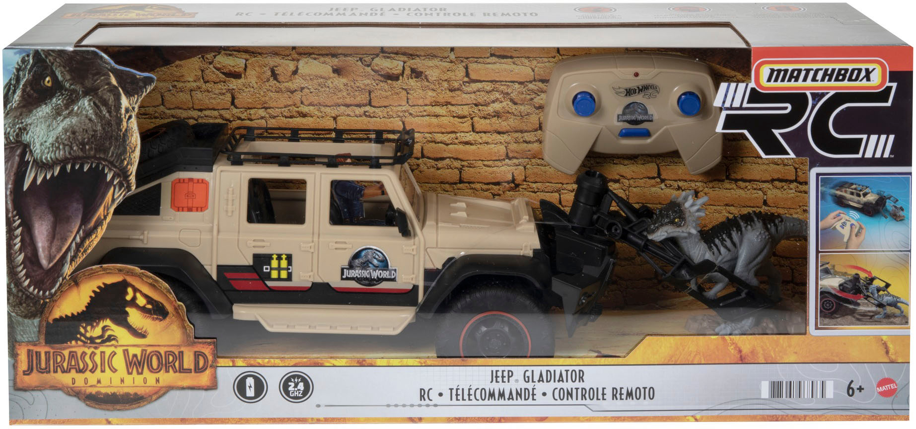 Angle View: Matchbox RC Jurassic World Dominion Battery-Powered Jeep Gladiator with 6-in Dino Figure