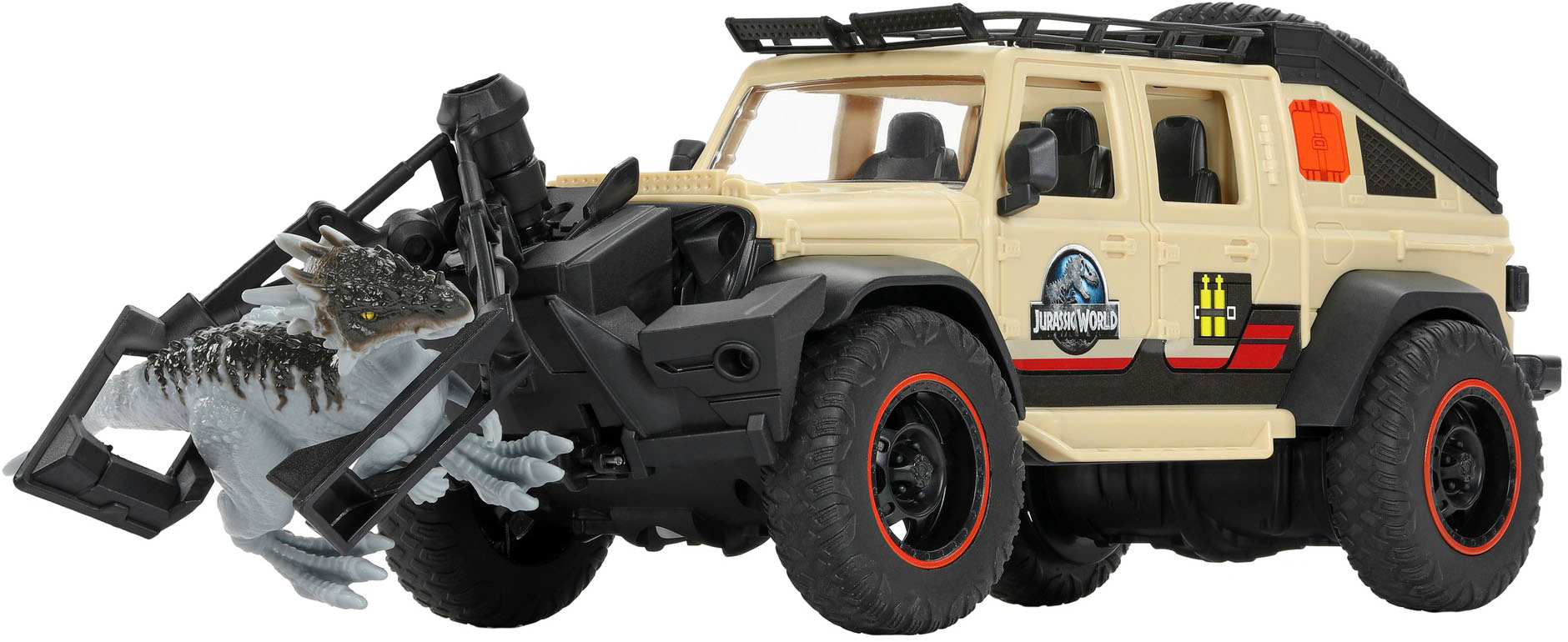 Left View: Matchbox RC Jurassic World Dominion Battery-Powered Jeep Gladiator with 6-in Dino Figure