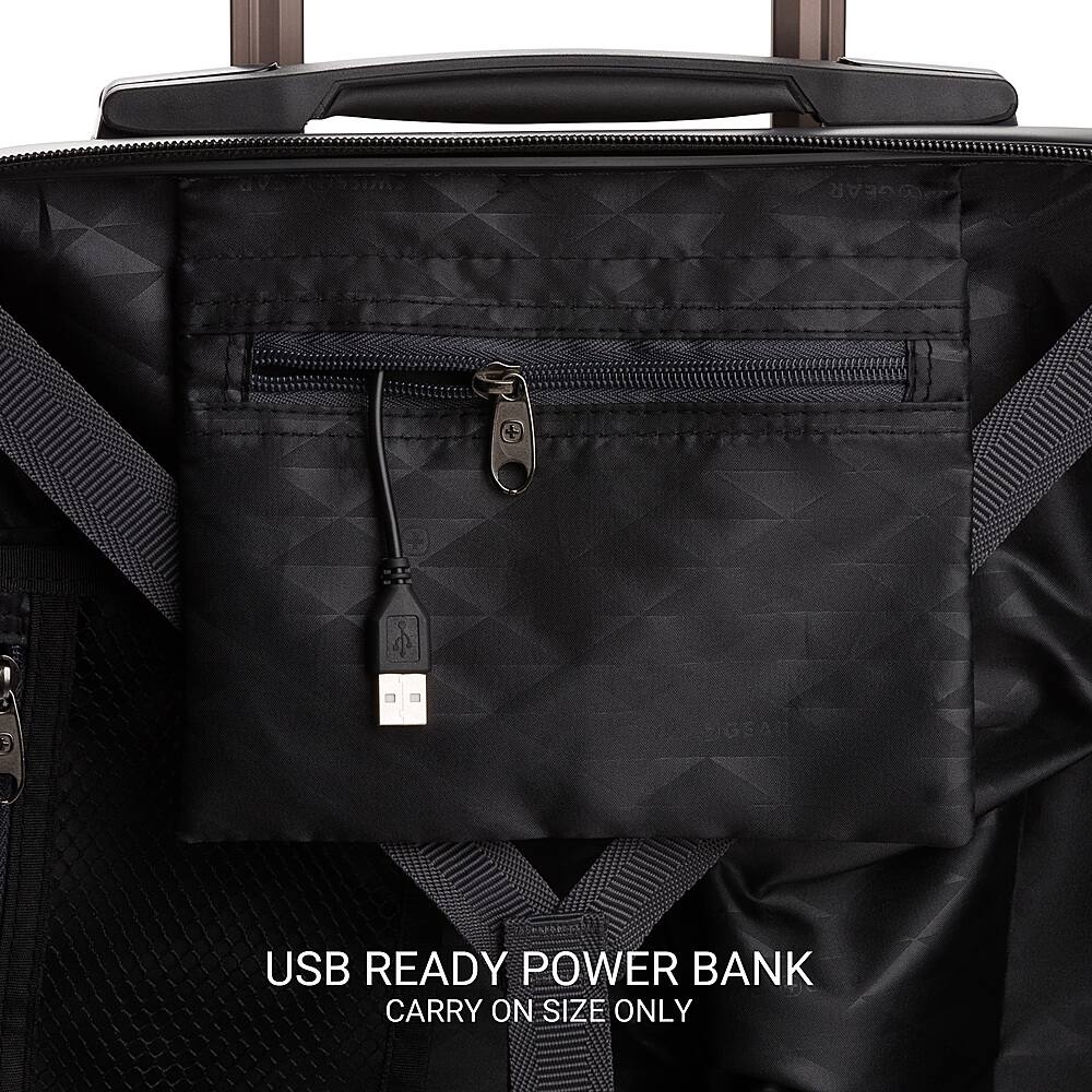 Left. SwissGear - Energie 20" Carry On Spinner Suitcase with USB - Black.