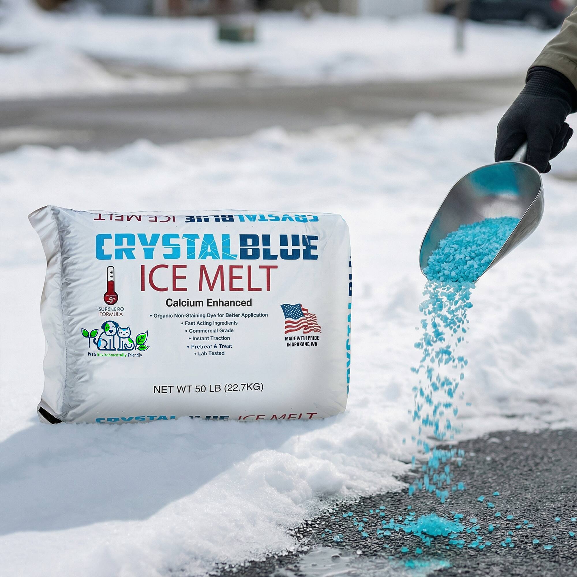 Melt E Coacivtsnte Crystal Blue Ice Melt Calcium Enhanced SUPS EDO Formula Organic Non-Staining Dye for Better Application Fast Acting Ingredients Commercial Grade Instant Traction Made with Pride in Spokane, WA Pretreat & Treat Lab Tested NET WT 50 LB (22.7KG)