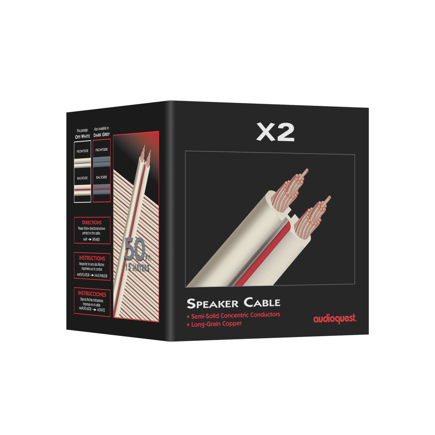 A speaker cable with a black box that has a picture of two cables on it. The box contains two speaker cables, each with a length of 60 feet. The cables have a long-grain copper construction and are designed for use with a wide range of audio equipment. The cables are suitable for both front and back speakers, and the box includes instructions for proper installation and use.