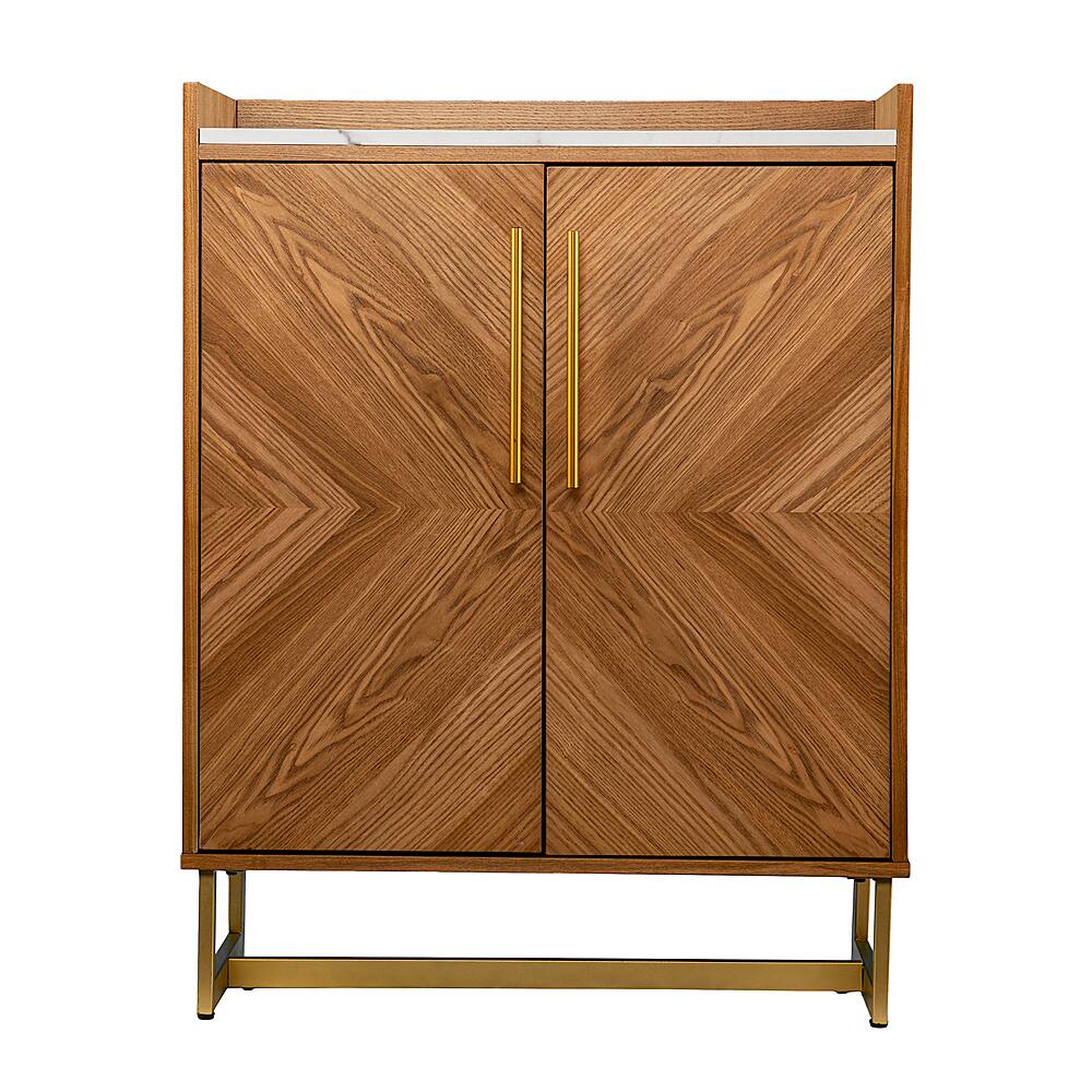 Left View: SEI Furniture - Trilken Bar Cabinet with Wine Storage - Brown finish with white faux marble