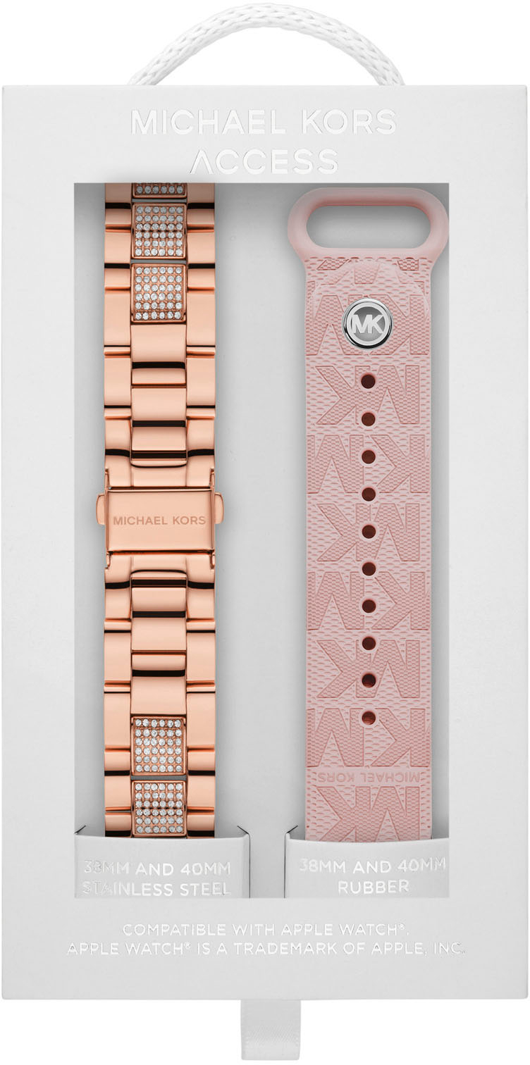 Left View: Michael Kors Blush Rubber and Rose Gold-Tone Stainless Steel 38/40/41mm Apple Watch Band Set - Rose Gold and Pink