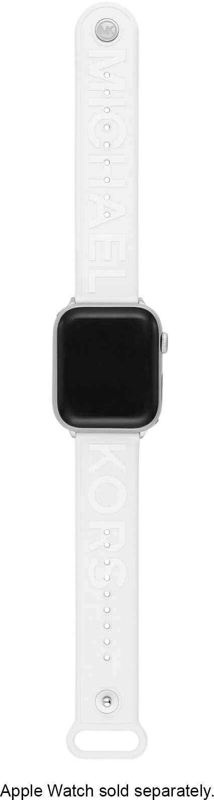 Left View: Michael Kors White Logo Rubber Band for Apple Watch 42/44/45mm - White