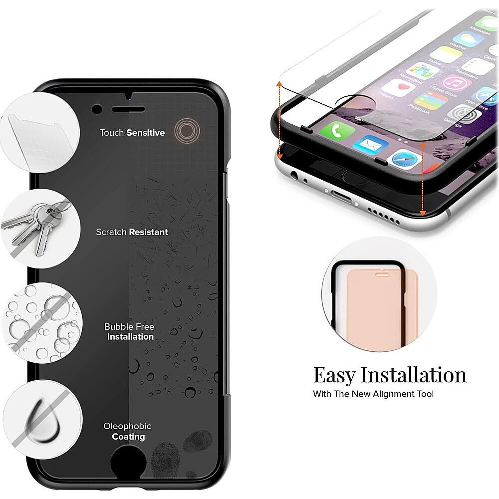 The image features a black iPhone with a screen protector installed. The screen protector is described as touch sensitive, scratch resistant, and bubble free. The installation process is depicted as easy, with the new alignment tool making it a simple and convenient process. The screen protector also offers an oleophobic coating for added protection and durability.
