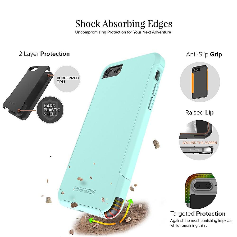 Shock Absorbing Edges: Uncompromising Protection for Your Next Adventure. 2 Layer Protection: Anti-Slip Grip. RUBBERIZED TPU ISIR HARD PLASTIC SHELL. Raised Lip Around the Screen.