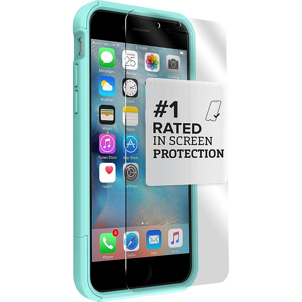 The image features a blue iPhone case with a screen protector that says "1 Rated in Screen Protection." The case is designed to protect the iPhone's screen from scratches and other damage. The case also has a clear back, allowing the iPhone's design to be visible. The case is made by Verizon and is designed to be durable and long-lasting.
