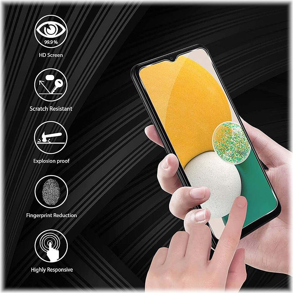 The image features a person holding a cell phone with a yellow background. The phone is described as having a 99.9% HD screen, being scratch resistant, explosion proof, and having fingerprint reduction. Additionally, the phone is highly responsive.