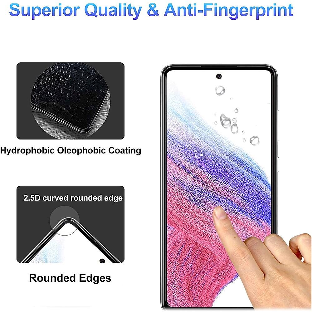 The image showcases a cell phone with a hydrophobic oleophobic coating, which provides superior quality and anti-fingerprint properties. The phone has a 2.5D curved rounded edge, and the screen displays a purple background. A person's hand is visible in the image, likely interacting with the cell phone.