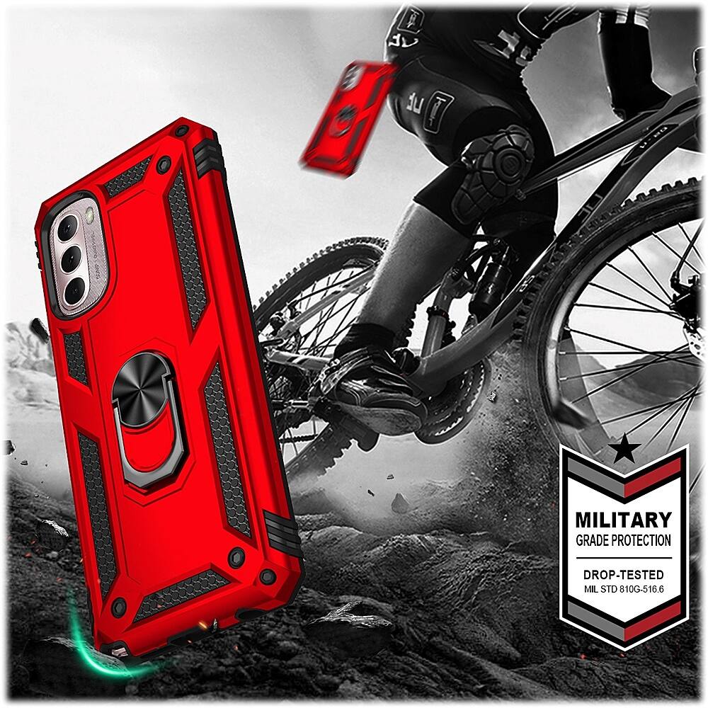 The image features a red cell phone case with a Military Grade Protection label. The case is designed to protect the phone from drops and impacts, as it is drop-tested to meet the MIL STD 810G-516.6 standard. The case is placed next to a bicycle, possibly suggesting that the owner of the phone is an outdoor enthusiast or someone who enjoys cycling. The image emphasizes the durability and protection provided by the red cell phone case.