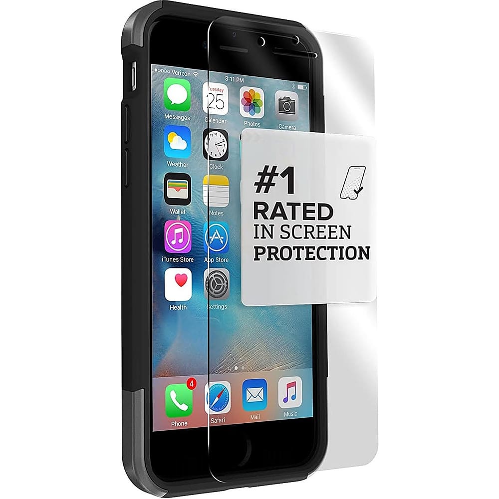 The image features a cell phone with a screen protector on it, which is rated as the best in screen protection. The phone is displaying the time, which is 3:11 PM, and the weather is also visible. The phone has various apps installed, including the calendar, photos, and Wallet. The device also has a Verizon Messages app and the iTunes Store app.