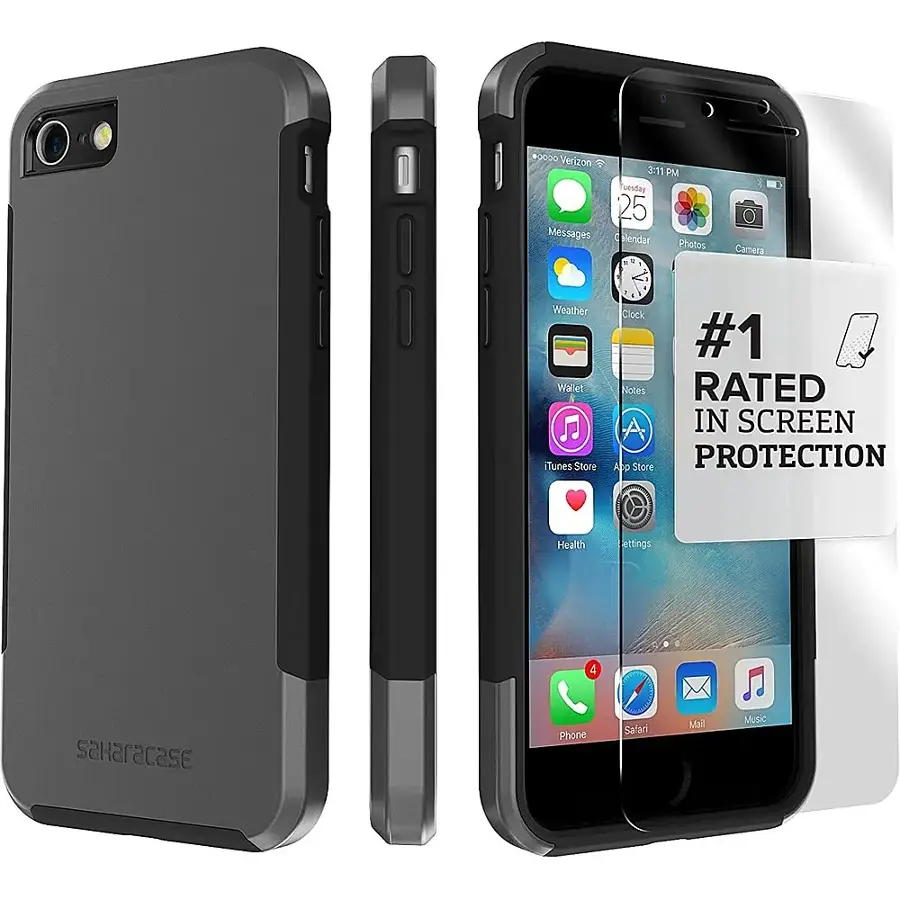 The image features a close-up of a cell phone with a case on it. The case is advertised as having the highest rated screen protection. The phone is turned on, showing the home screen with various apps and icons, including the camera, weather, and music apps. The phone is also displaying the time and date, as well as a clock icon.