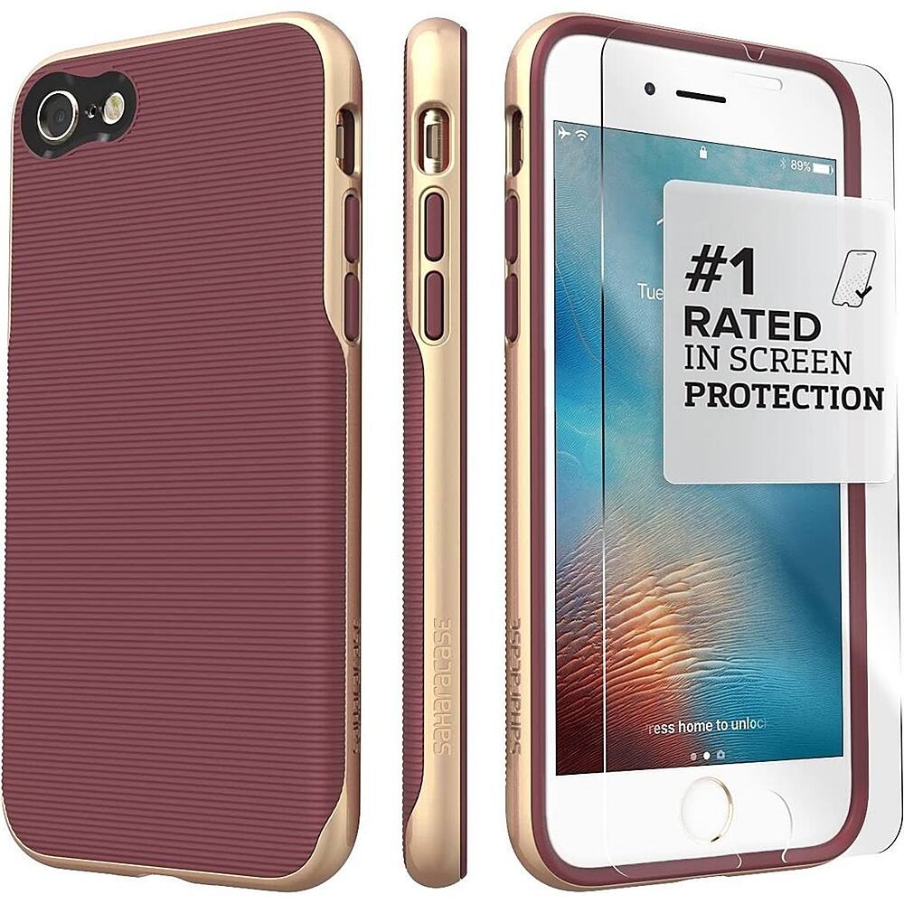 The image features a white iPhone with a purple case on it. The case is advertised as being the number one rated in screen protection. The case is made of hard plastic and has a gold trim. The iPhone is displayed in a close-up view, showcasing its design and the protective case.