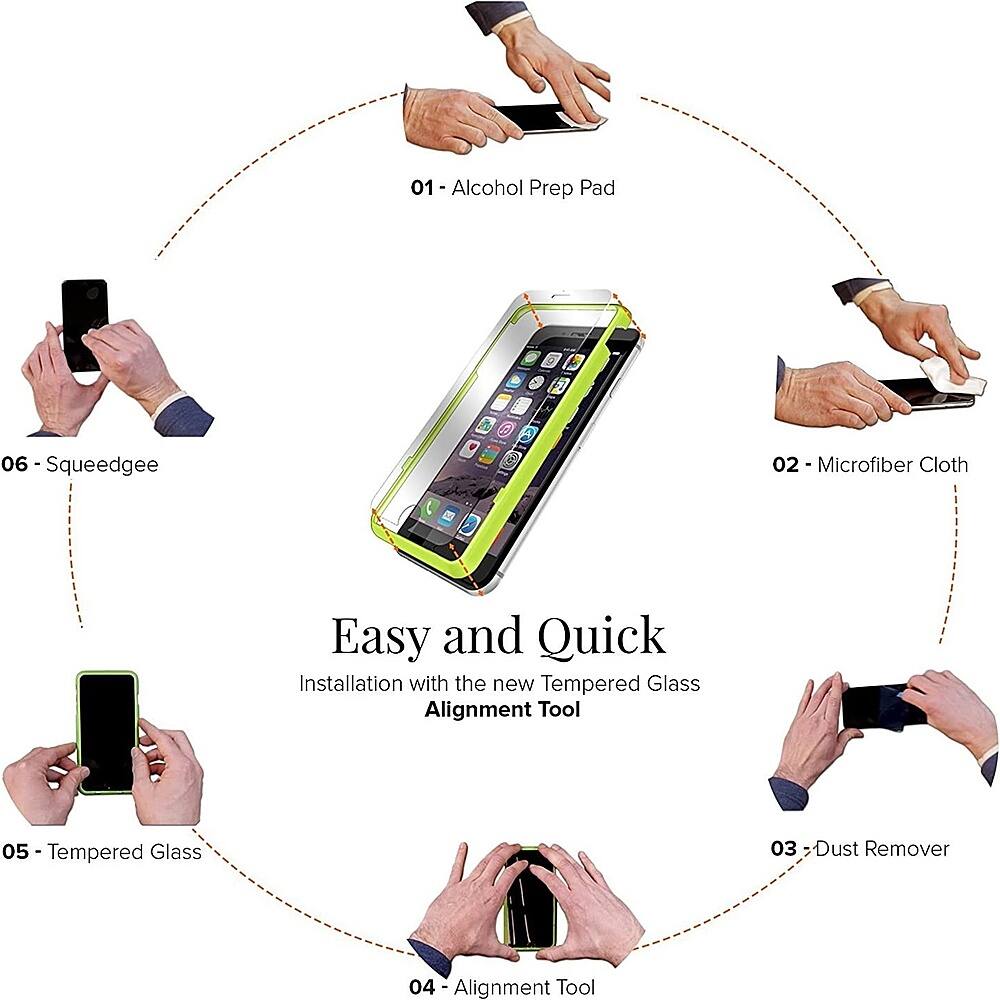 The image shows a circular diagram with different steps for installing a new tempered glass screen protector on a smartphone. The steps include using an alcohol prep pad, a microfiber cloth, and a dust remover. The installation process also involves using an alignment tool to ensure proper positioning of the tempered glass. The diagram is accompanied by hands holding a smartphone, emphasizing the installation process.