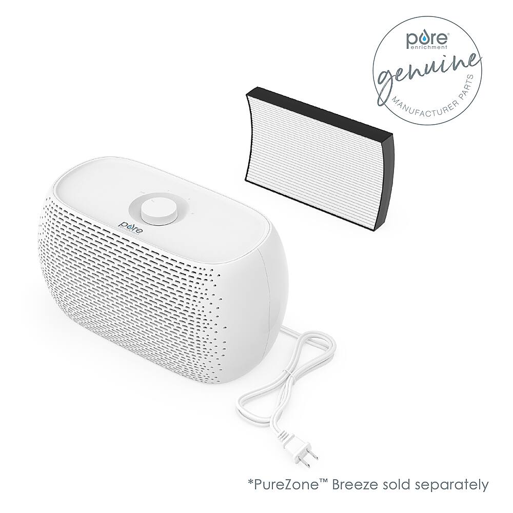 The image features a white speaker and a black speaker, both of which are part of the PureZone Breeze system. The white speaker is accompanied by a black speaker, and they are both sitting on a white background. The PureZone Breeze system is designed to provide a refreshing and cooling experience for users.