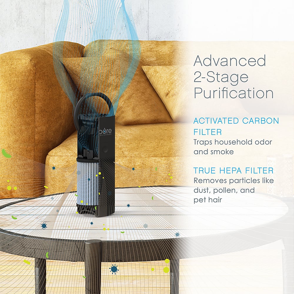 The image features a purification device sitting on a table, with a couch in the background. The device is described as an advanced 2-stage purification system, which includes an activated carbon filter and a true HEPA filter. The activated carbon filter is designed to trap household odors and smoke, while the true HEPA filter is capable of removing particles like dust, pollen, and pet hair. The device is likely intended to improve indoor air quality and provide a healthier living environment.