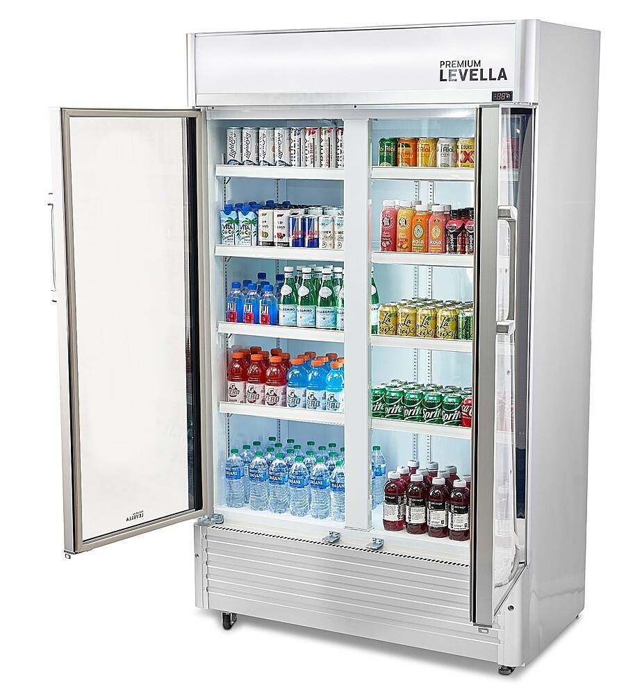 Left. Premium Levella - 29.0 cu. ft. 2-Door Commercial Merchandiser Refrigerator Glass-Door Beverage Display Cooler - Stainless Steel.