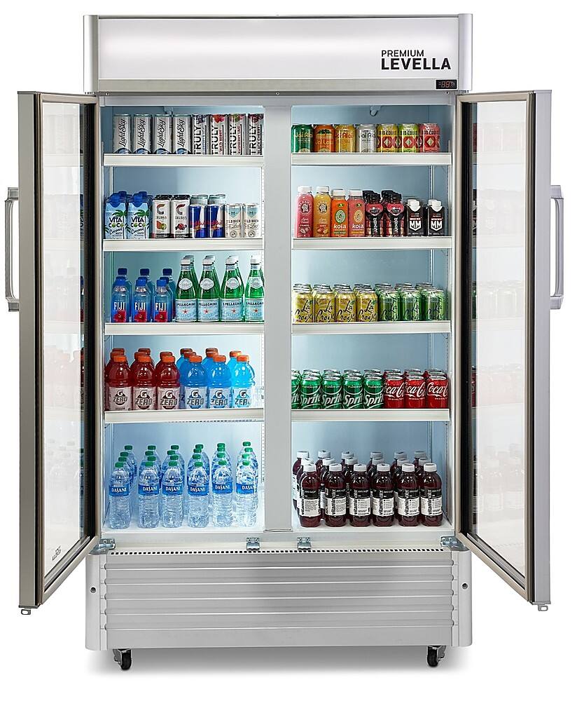 Angle. Premium Levella - 29.0 cu. ft. 2-Door Commercial Merchandiser Refrigerator Glass-Door Beverage Display Cooler - Stainless Steel.