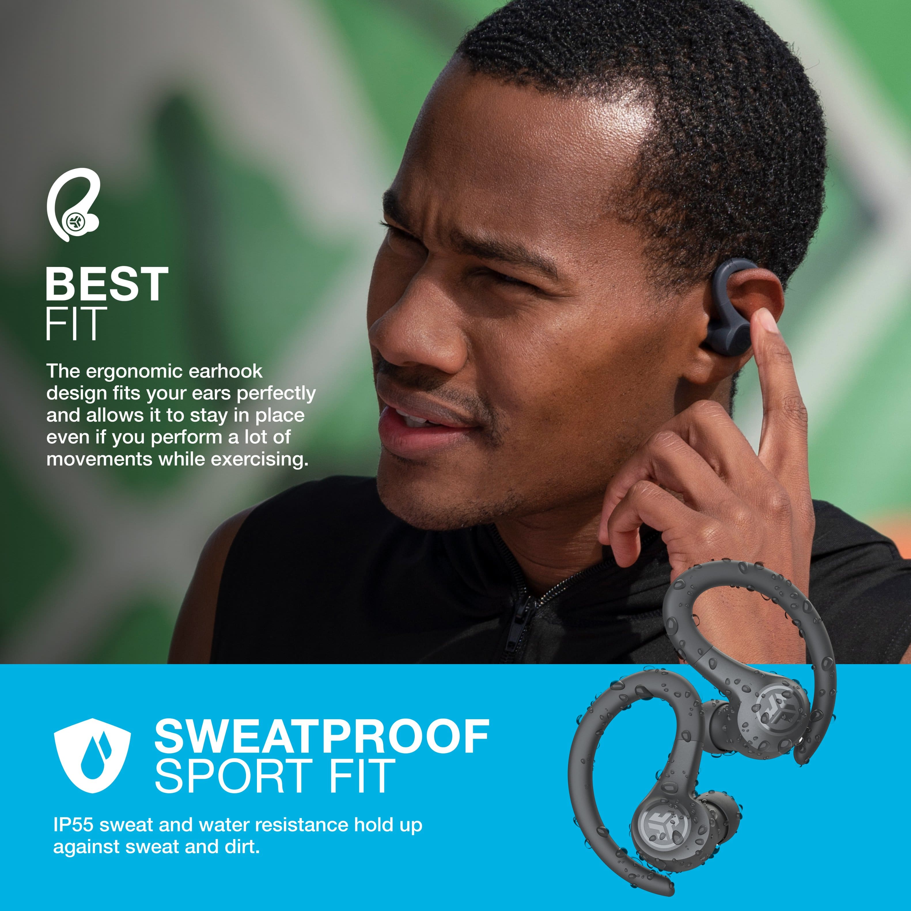 The image features a man wearing headphones, with the text "BEST FIT" and "SWEATPROOF SPORT FIT" displayed. The "BEST FIT" text refers to the ergonomic earhook design that fits the user's ears perfectly and stays in place during physical activities. The "SWEATPROOF SPORT FIT" text indicates that the headphones have an IP55 rating, which provides sweat and water resistance, making them suitable for use during sports and other activities where moisture and dirt are present.