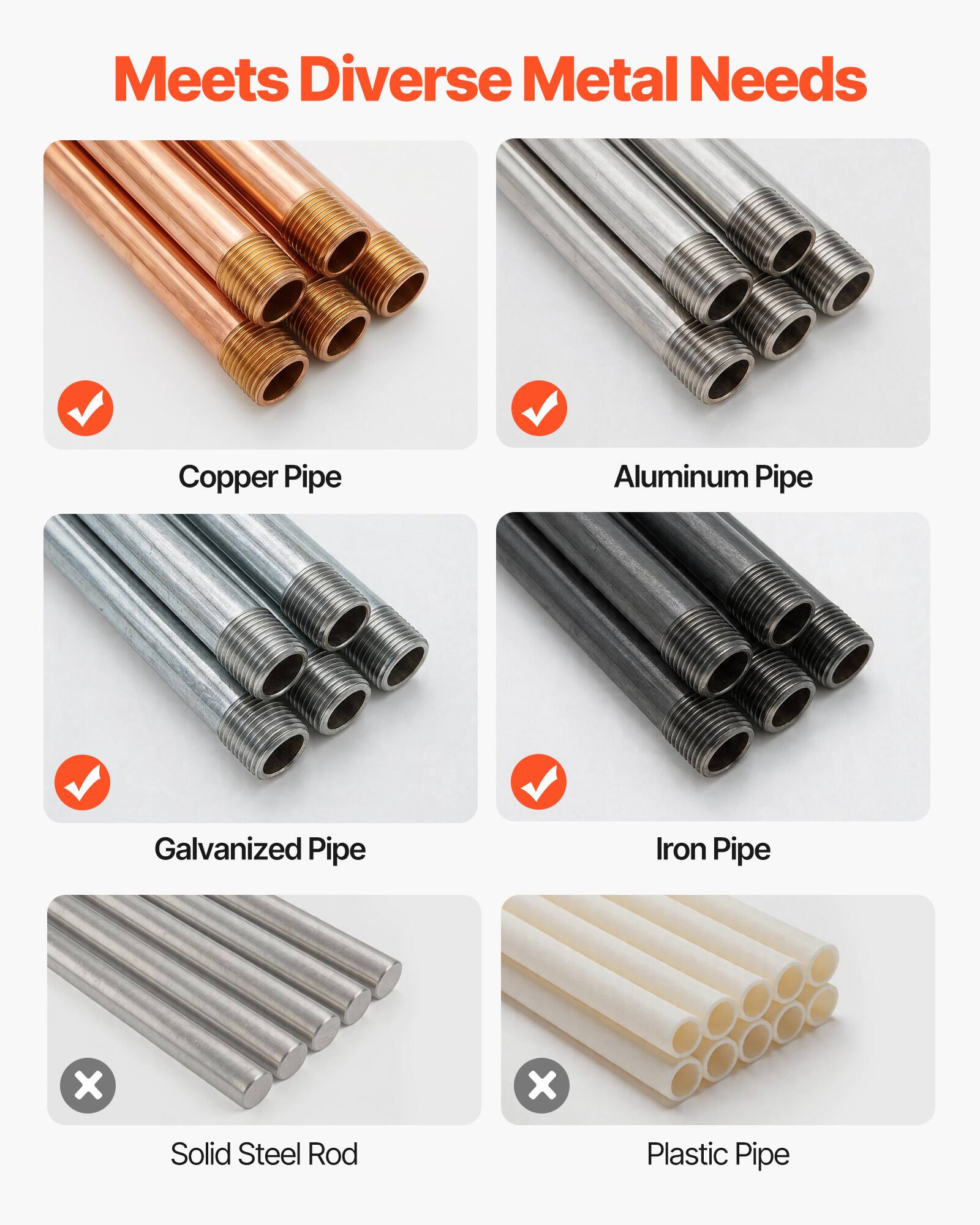 Meets Diverse Metal Needs

- Copper Pipe
- Aluminum Pipe
- Galvanized Pipe
- Iron Pipe

x Solid Steel Rod
x Plastic Pipe