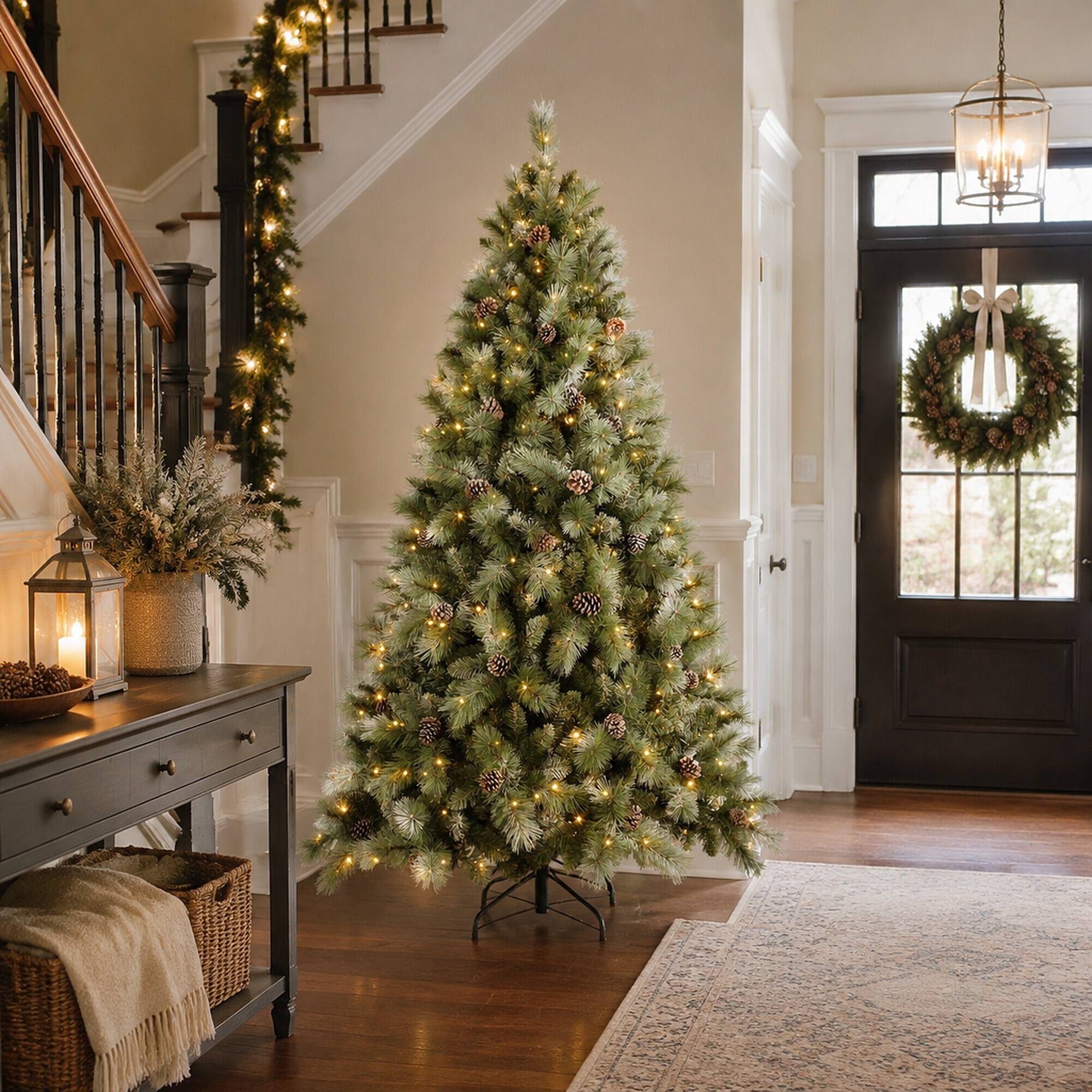 Alt View 1. RYHNUYNE - 5FT Pre-Lit Christmas Tree, 200 Warm White LED Lights 694 PVC Hard Needle Tips 51 Pine Cones Hinged Branch Metal Stand - Green.